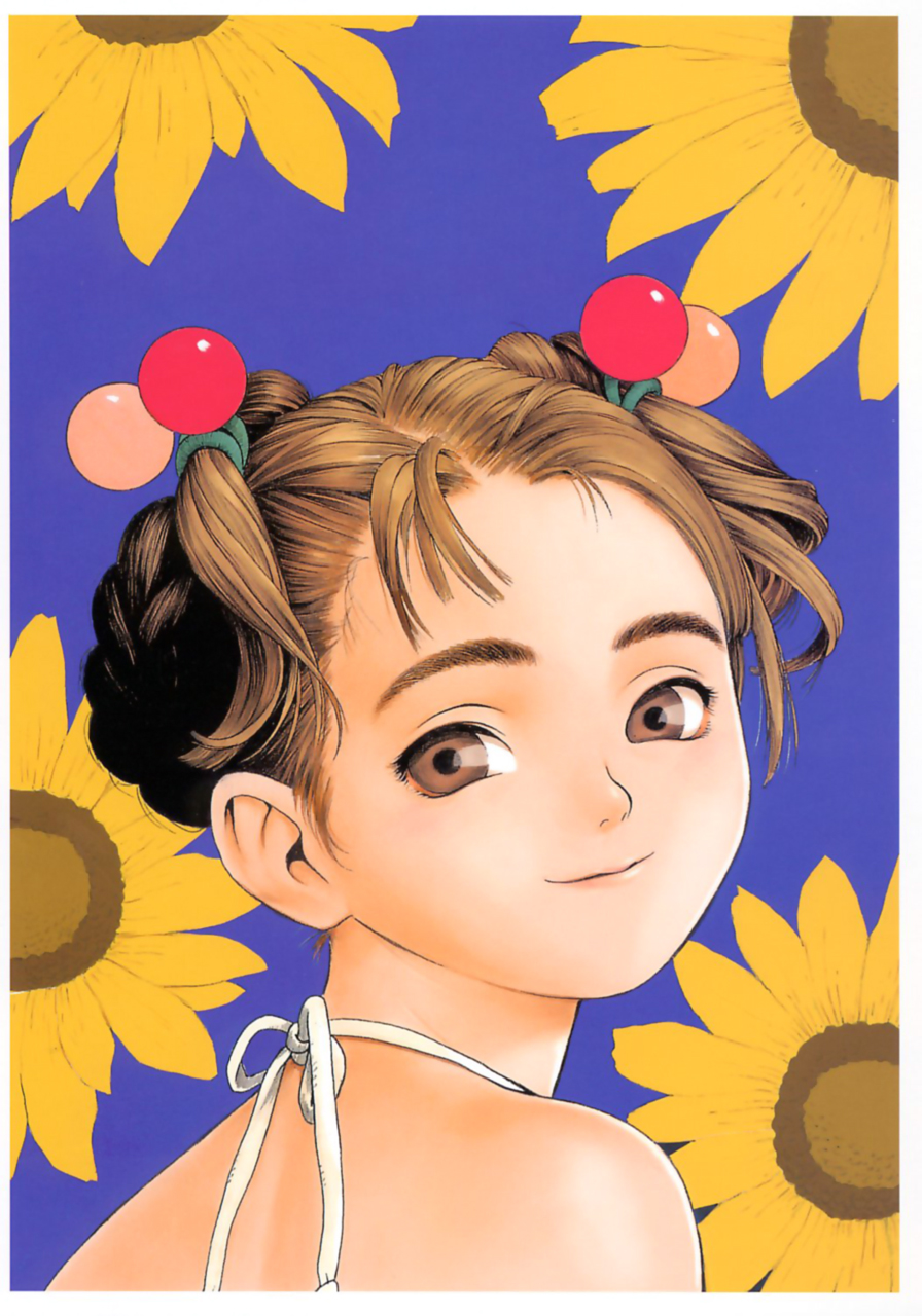 murata range, like a balance life, highres, brown eyes, brown hair, flower, portrait, short hair, solo