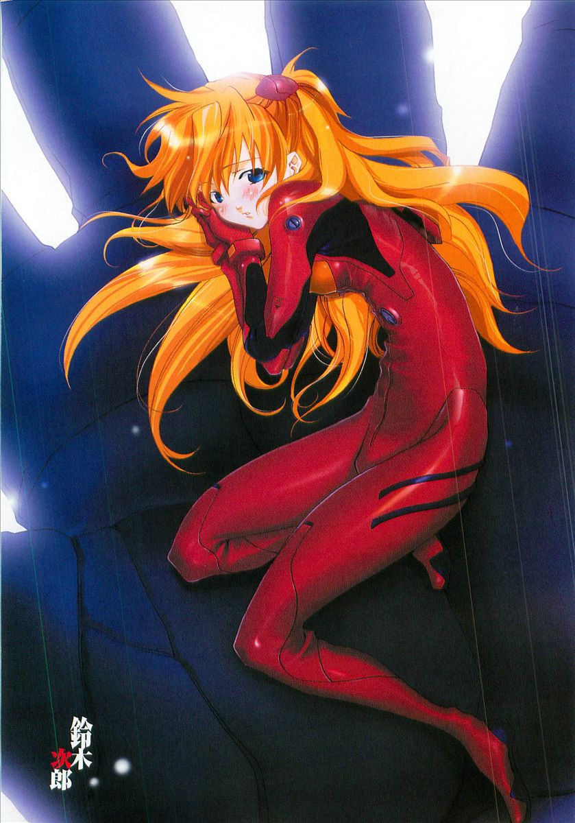 eva 01, souryuu asuka langley, neon genesis evangelion, highres, backlighting, blue eyes, blurry, blush, bokeh, bracer, depth of field, from above, from side, full body, hair between eyes, hair spread out, kneeling, long hair, mecha, mecha pilot suit, own hands together, plugsuit (evangelion), red hair, robot, skin tight, solo, two side up