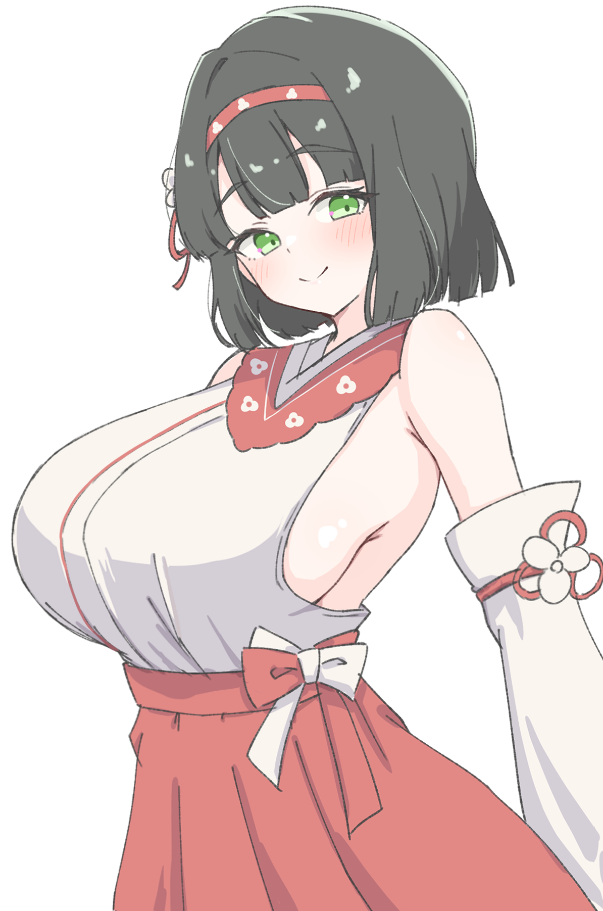 rokoroko 65, momose ginko, link! like! love live!, love live!, commentary, highres, 1girl, alternate breast size (larger), bare shoulders, black hair, blunt bangs, blunt ends, bob cut, breasts, closed mouth, cowboy shot, detached sleeves, green eyes, hakama, hakama skirt, hasu no sora fantasy, headband, huge breasts, japanese clothes, looking at viewer, nontraditional miko, official alternate costume, red hakama, red headband, red skirt, short hair, sideboob, skirt, smile, solo, virtual youtuber