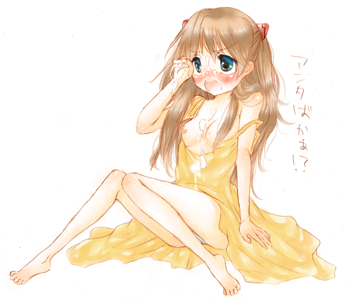 souryuu asuka langley, neon genesis evangelion, non-web source, translated, 1girl, bare shoulders, blue eyes, blush, breasts, clothes pull, cum, cum on body, dress, dress pull, facial, female focus, long hair, red hair, sitting, skirt, solo, strap slip, yellow dress, yellow skirt