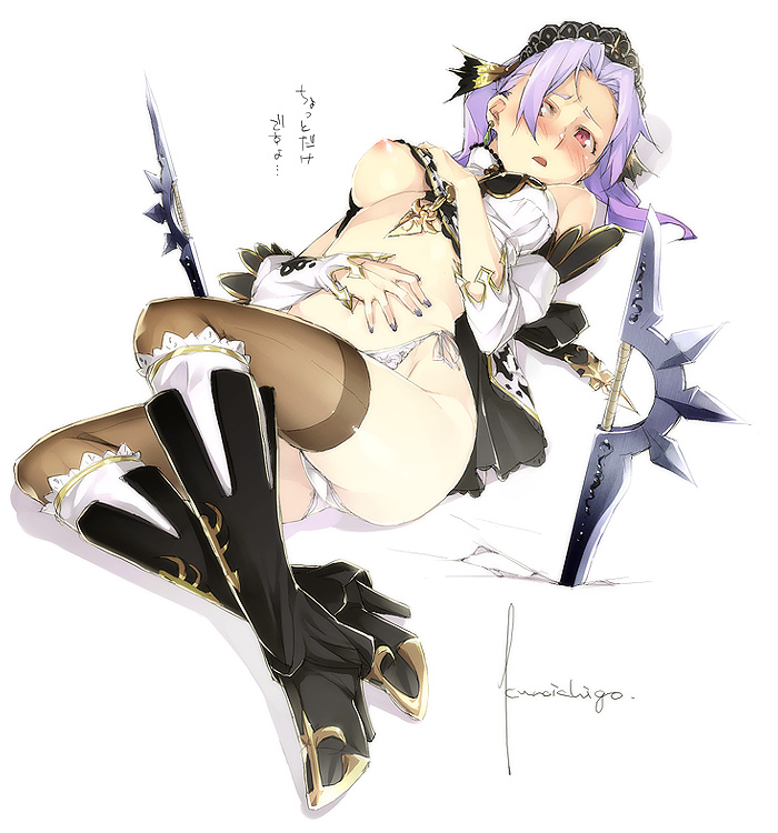 kyo (kuroichigo), fantasy earth, fantasy earth zero, blade, 1girl, blush, boots, breast slip, breasts, brown thighhighs, clothes lift, detached sleeves, female focus, headdress, high heels, long hair, lying, midriff, nail polish, navel, nipples, no pants, on back, one breast out, open mouth, panties, pink eyes, purple hair, purple nails, shirt lift, shoes, side-tie panties, solo, thighhighs, underwear, weapon, white panties