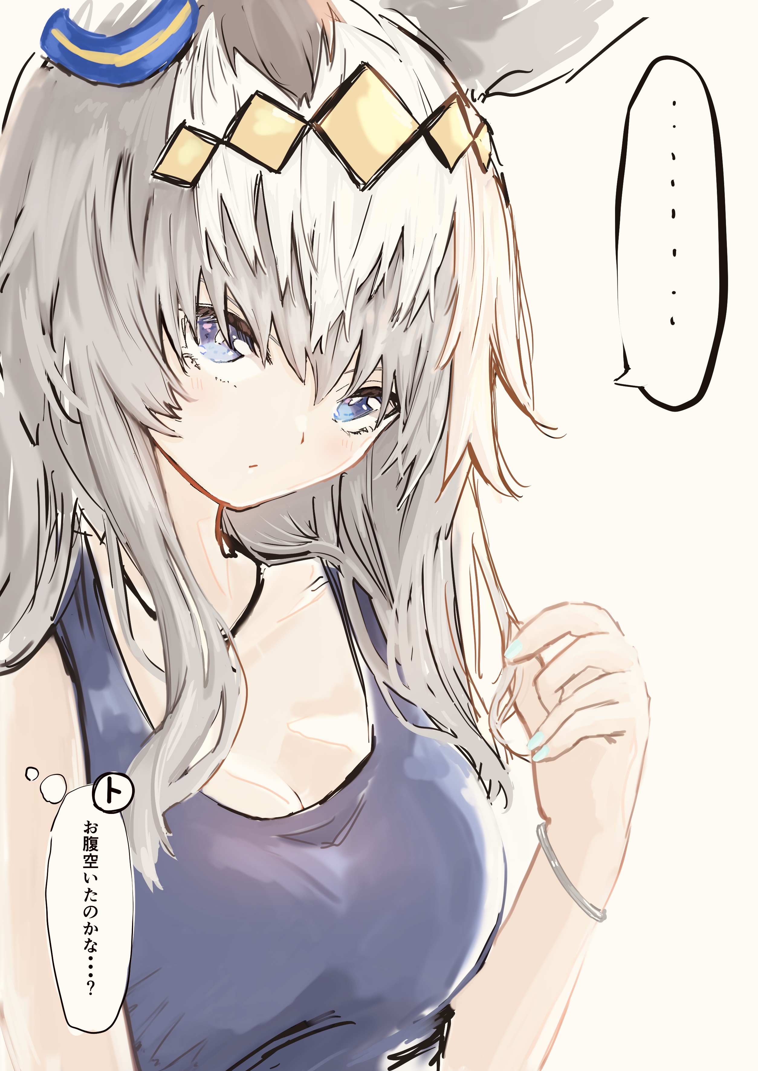 kichi tik, oguri cap (umamusume), umamusume, absurdres, highres, 1girl, animal ears, blue eyes, blue tank top, blush, closed mouth, hair between eyes, horse ears, horse girl, jewelry, long hair, looking at viewer, necklace, solo, tank top, white hair