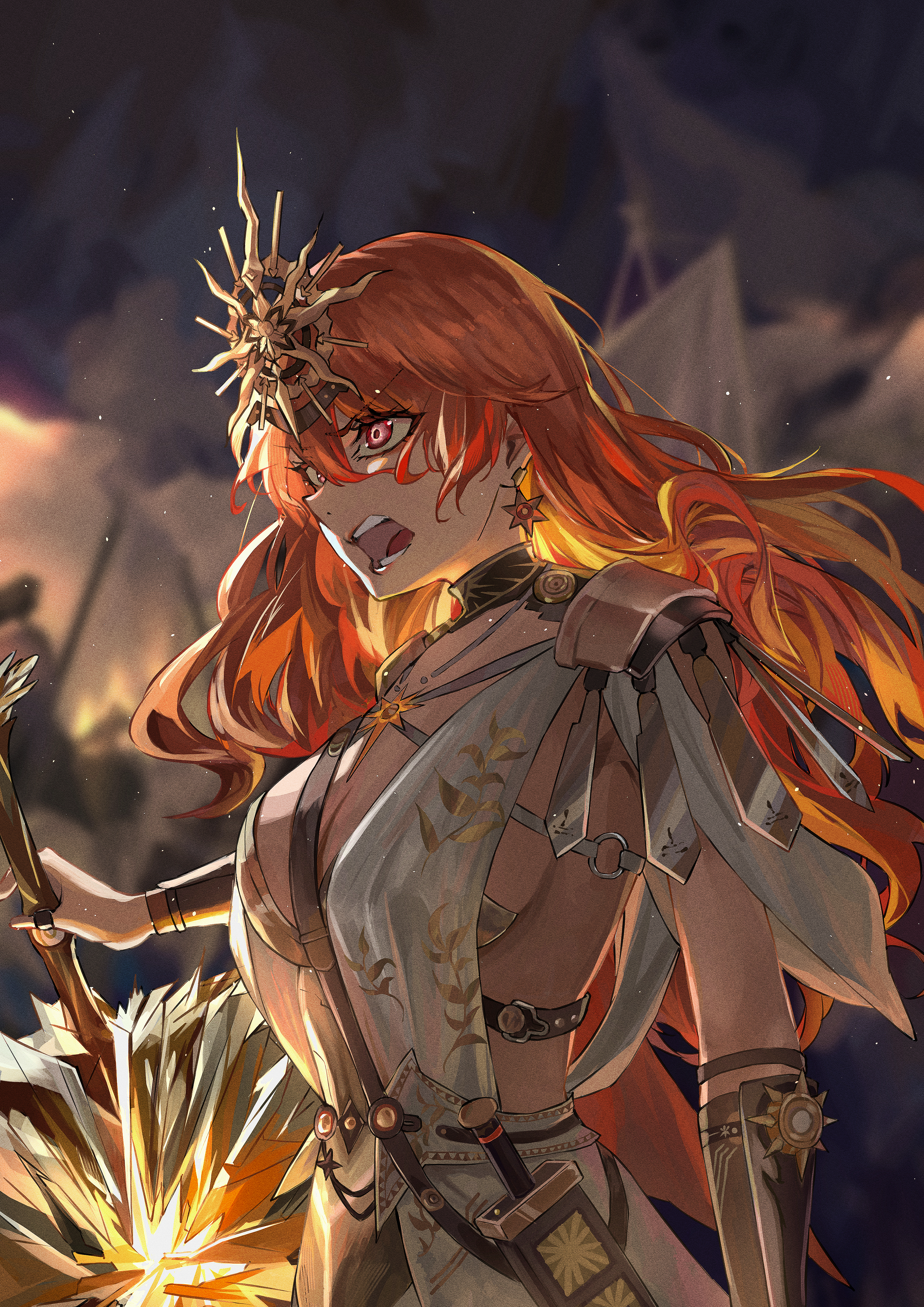 ushimo (dztu8434), augusta (wuthering waves), wuthering waves, absurdres, commentary, highres, 1girl, arm armor, armor, black collar, blurry, blurry background, breastplate, breasts, collar, dress, earrings, greatsword, headgear, holding, holding sword, holding weapon, jewelry, large breasts, long hair, looking ahead, open mouth, orange hair, red eyes, solo, sun earrings, sword, weapon, white dress