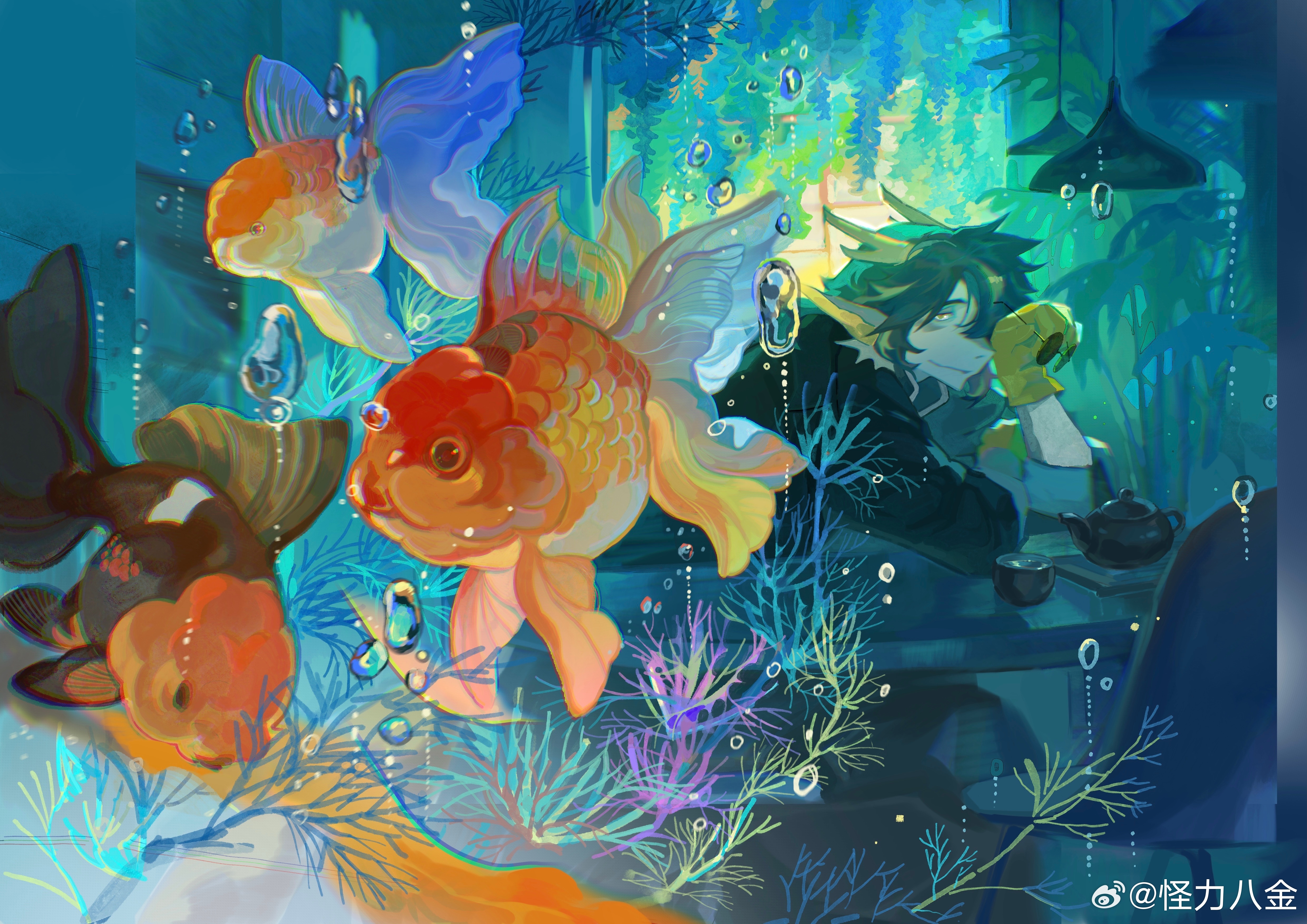 guaili bajin, lee (arknights), arknights, absurdres, highres, 1boy, air bubble, aquarium, black hair, black jacket, bubble, closed mouth, coral, dragon boy, fish, glasses, gloves, goldfish, hanging light, holding, holding removed eyewear, horns, jacket, male focus, outdoors, pointy ears, round eyewear, sitting, teapot, tinted eyewear, unworn eyewear, yellow gloves