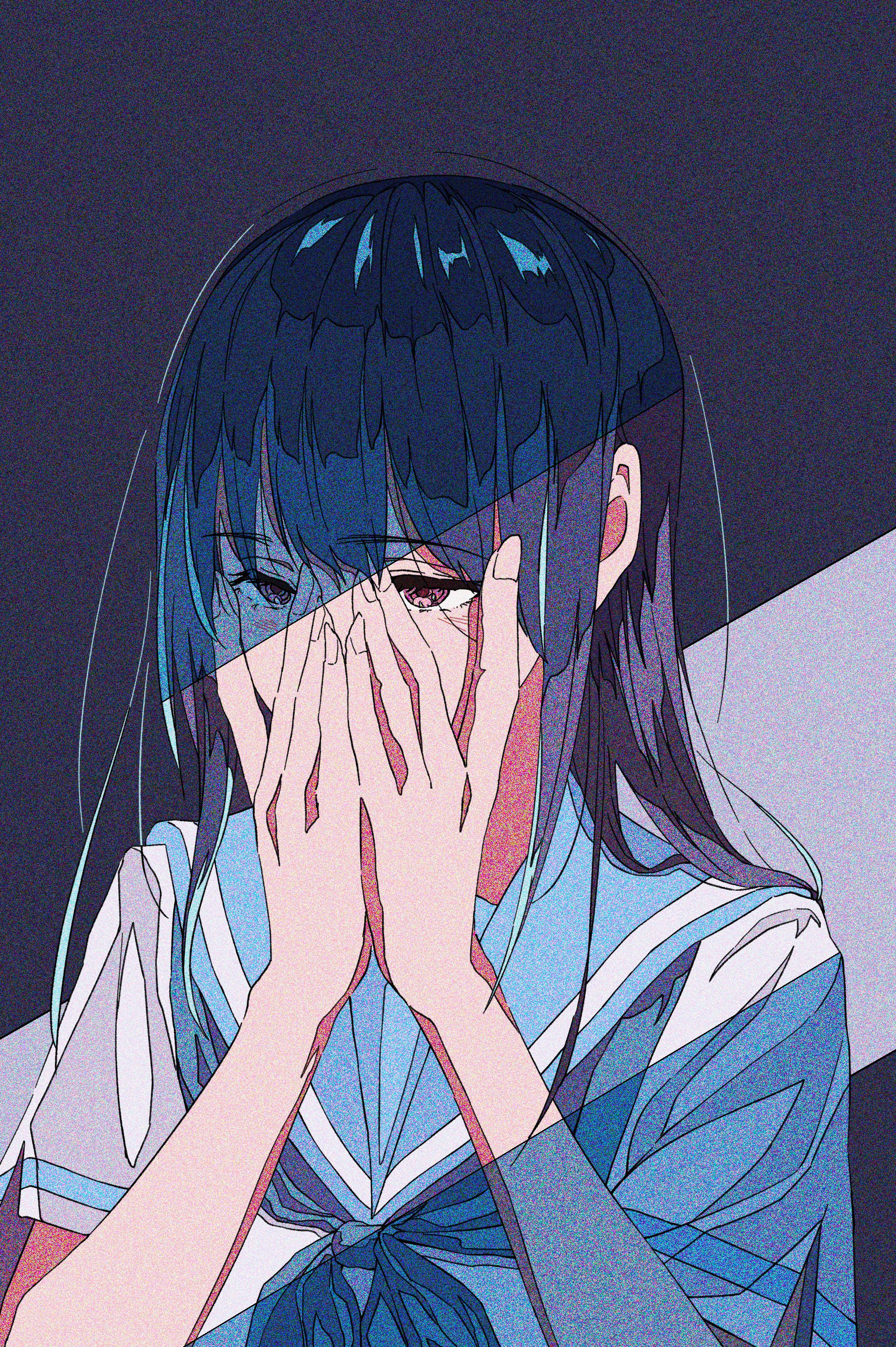 jukaaa890, yoroizuka mizore, hibike! euphonium, liz to aoi tori, absurdres, highres, 1girl, blue hair, blue neckerchief, blue sailor collar, blush, expressionless, kitauji high school uniform, long hair, neckerchief, profile, red eyes, sailor collar, school uniform, serafuku, shirt, short sleeves, simple background, solo, white background, white shirt