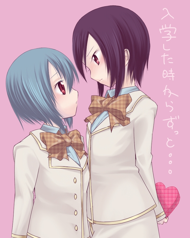 kenjou kaname, ootori amane, strawberry panic!, translation request, 00s, 2girls, blue hair, blush, bow, eye contact, looking at another, multiple girls, purple hair, red eyes, school uniform, serafuku, short hair, valentine, yuri