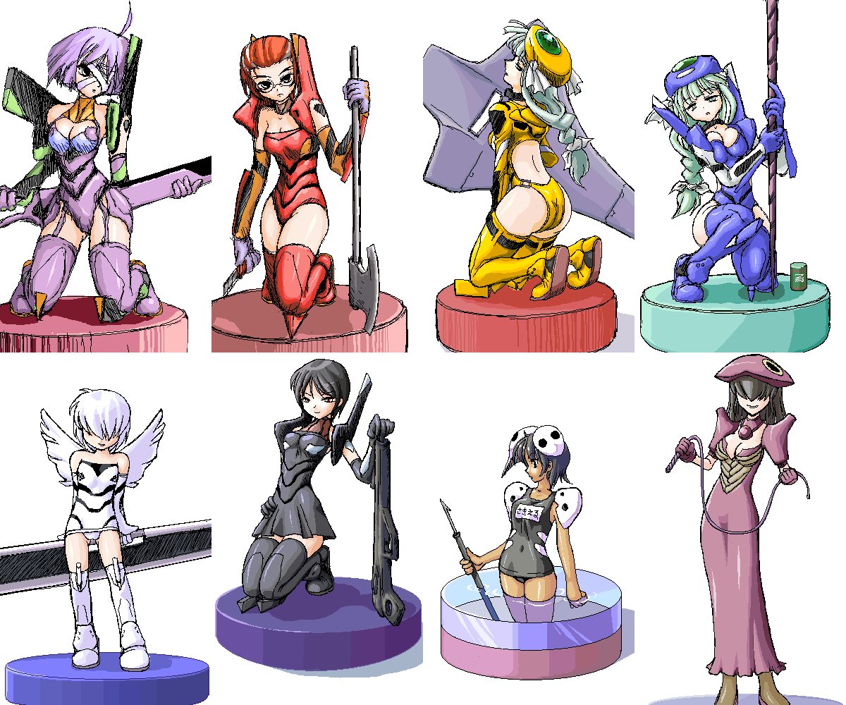 angel (evangelion), eva 00, eva 01, eva 02, eva 03, mass production eva, sachiel (evangelion), shamshel (evangelion), neon genesis evangelion, black footwear, black legwear, purple footwear, purple legwear, red footwear, red legwear, silver hair, white footwear, white legwear, yellow legwear, 6+girls, :o, ahoge, aqua eyes, aqua hair, ass, assault rifle, autocannon, axe, back, bandage over one eye, bandages, bare shoulders, beret, black dress, black gloves, black hair, black one-piece swimsuit, boots, boxcutter, braid, breast press, breasts, bullpup, cannon, caseless firearm, cleavage, cleavage cutout, closed mouth, clothing cutout, covered navel, covering face, covering own eyes, covering privates, dark-skinned female, dark skin, double blade, dress, elbow gloves, eyepatch, faux figurine, frown, full body, garter straps, glasses, gloves, green hair, gun, hair over eyes, hair ribbon, half-closed eyes, halterneck, hand on own hip, harpoon, harpoon gun, hat, hat ribbon, holding, holding boxcutter, holding weapon, kneeling, lance of longinus (evangelion), legs apart, legs together, leotard, light smile, long hair, looking at viewer, magnetic weapon, mecha musume, medium breasts, mini wings, multicolored hair, multiple girls, name tag, narrow waist, needlegun, oekaki, on one knee, one-piece swimsuit, open mouth, pallet rifle, panties, pantyshot, parted bangs, parted lips, personification, pixiv bottlecap, planted, pleated dress, polearm, profile, purple dress, purple hair, railgun, red eyes, red hair, ribbon, rifle, school swimsuit, serious, shadow, shield, short dress, short hair, simple background, single braid, sketch, small breasts, smile, spear, standing, strapless, strapless leotard, streaked hair, swimsuit, sword, tan, thigh boots, thighhighs, turtleneck, two-tone hair, underwear, wading, water, weapon, whip, white background, white gloves, white wings, wings, yellow boots, zettai ryouiki