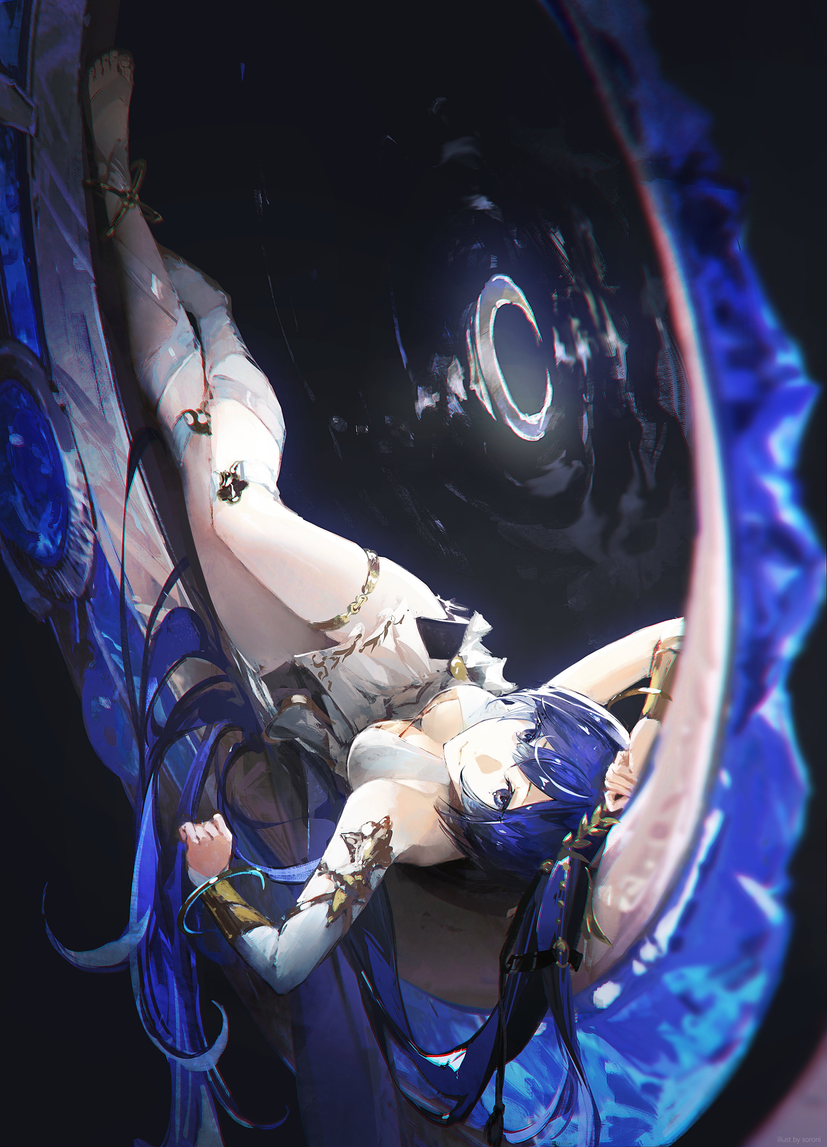 sorrowny, iuno (wuthering waves), wuthering waves, absurdres, highres, 1girl, barefoot, blue eyes, blue hair, breasts, bridal gauntlets, closed mouth, crescent moon, dress, long hair, looking at viewer, lying, medium breasts, moon, on back, smile, solo, thigh strap, twintails, very long hair, water, white dress