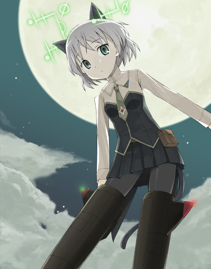 ikura hato, sanya v. litvyak, strike witches, world witches series, silver hair, 00s, 1girl, animal ears, black pantyhose, cat ears, cat tail, female focus, green eyes, hirschgeweih antennas, moon, necktie, pantyhose, short hair, solo, tail