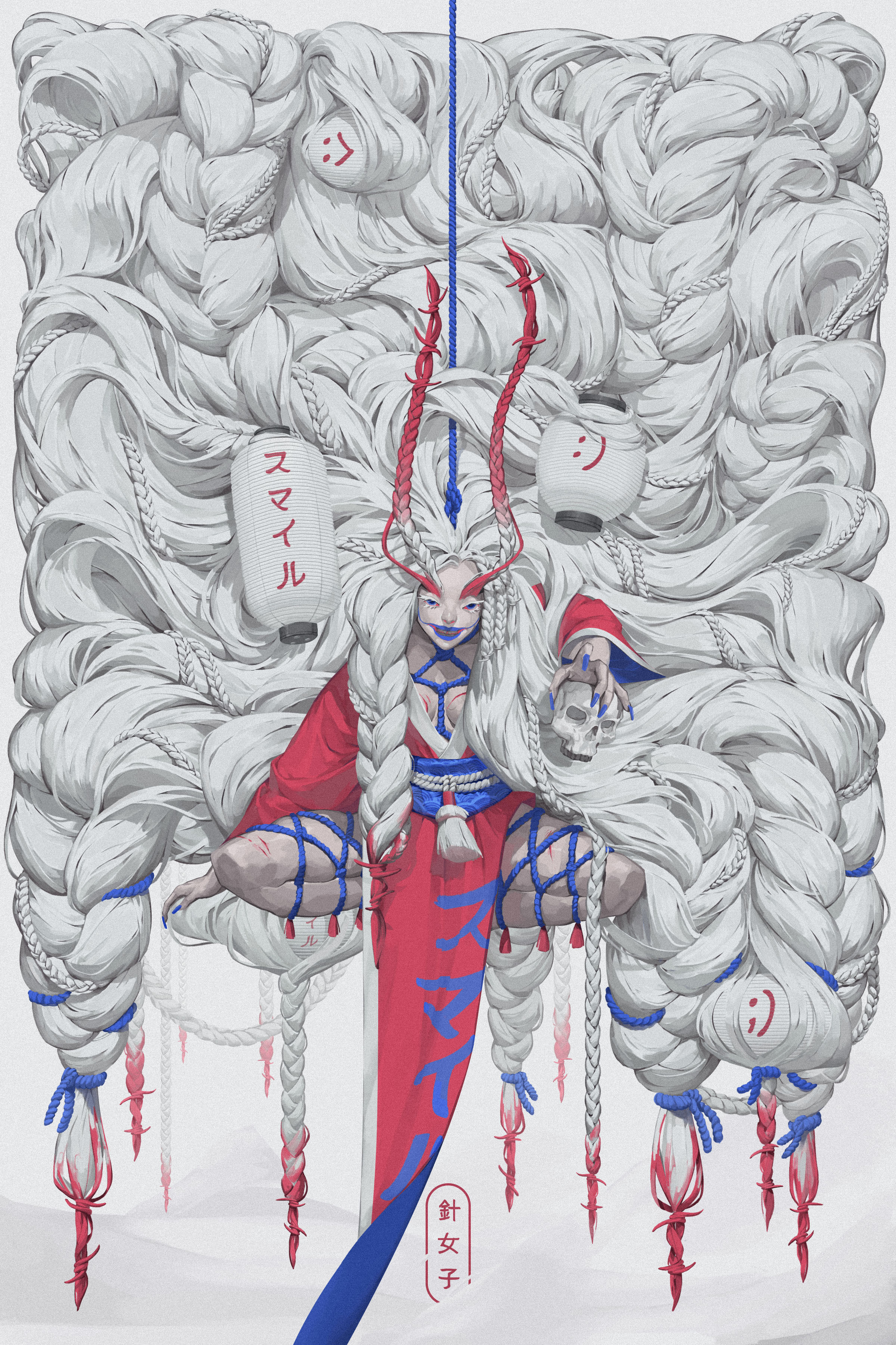 patrick ganas, original, absurdres, highres, 1girl, ;), absurdly long hair, blue lips, blue rope, braid, gradient hair, hair horns, lantern, long hair, multicolored hair, one eye closed, pale skin, paper lantern, rope, shibari, smile, solo, very long hair