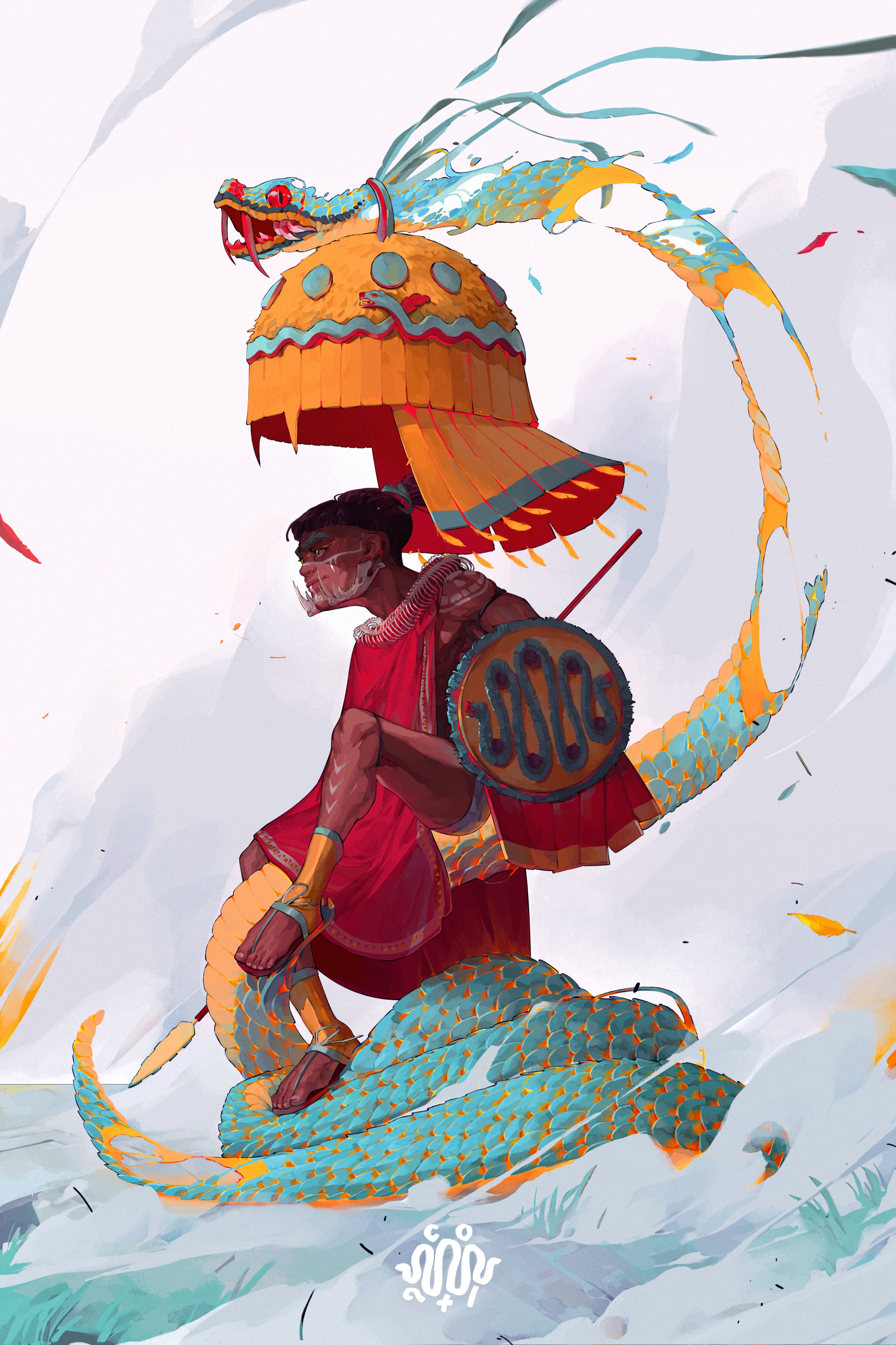 patrick ganas, original, absurdres, highres, 1boy, aqua scales, aztec, dark-skinned male, dark skin, full body, holding, holding polearm, holding shield, holding weapon, polearm, ponytail, shield, short hair, short ponytail, sitting on animal, snake, spear, tilmatli, weapon