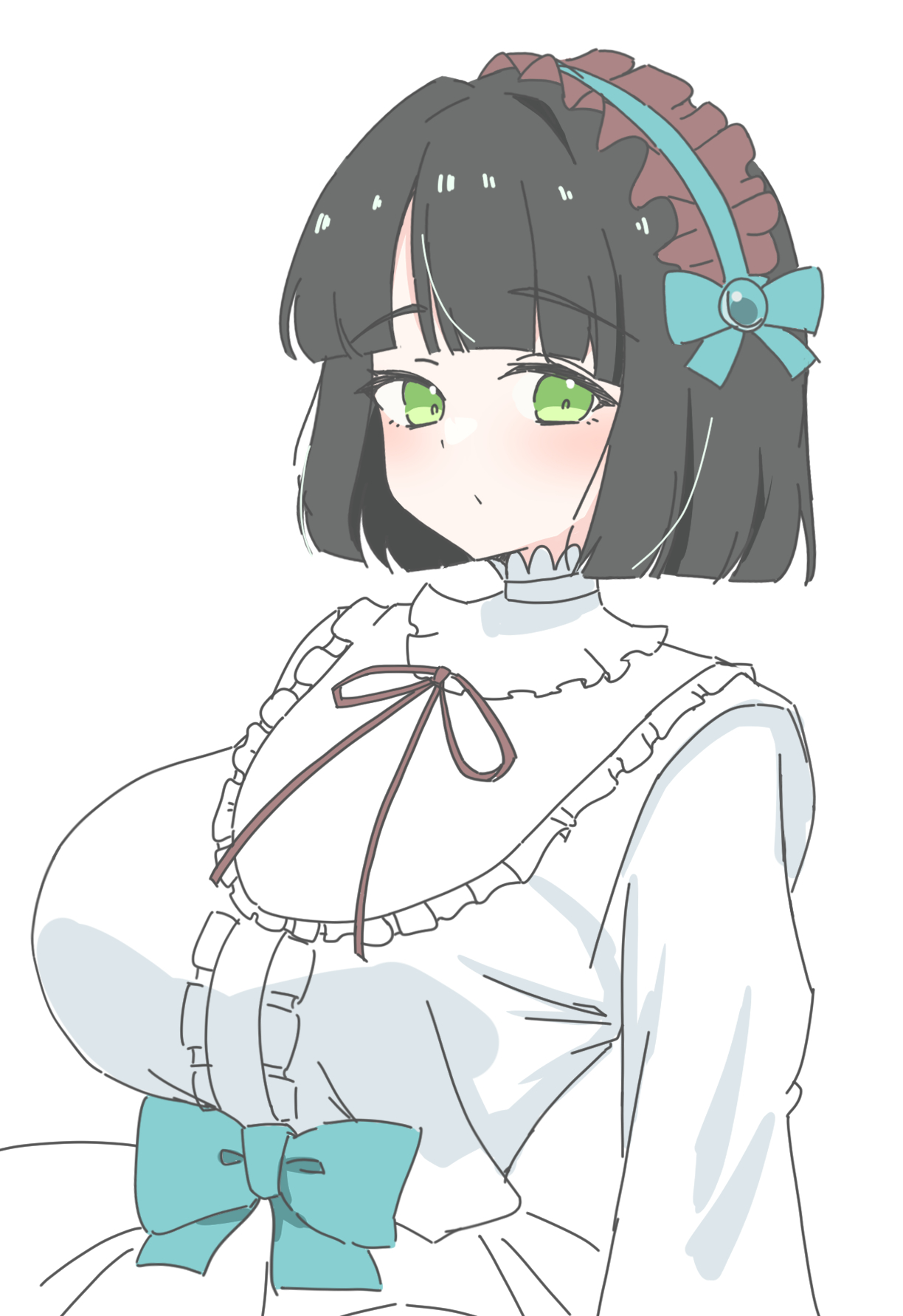 rokoroko 65, momose ginko, link! like! love live!, love live!, commentary request, costume request, highres, 1girl, alternate breast size (larger), aqua bow, aqua bowtie, black hair, blunt bangs, blunt ends, bob cut, bow, bowtie, breasts, brown ribbon, frilled shirt, frills, gothic lolita, green eyes, huge breasts, lolita fashion, long sleeves, maid headdress, neck ribbon, official alternate costume, ribbon, shirt, short hair, simple background, solo, upper body, white background, white shirt