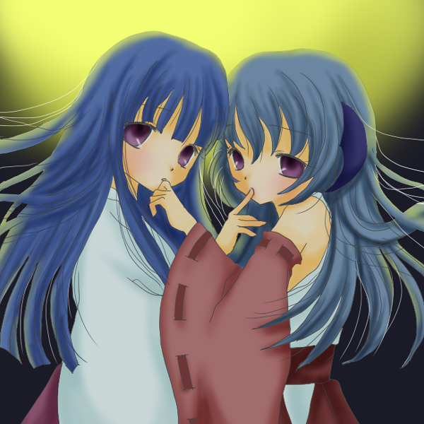 furude rika, hanyuu, higurashi no naku koro ni, 00s, 2girls, blue hair, detached sleeves, hakama, hakama skirt, horns, japanese clothes, long hair, miko, moon, moonlight, multiple girls, purple eyes, red hakama, skirt, yuri