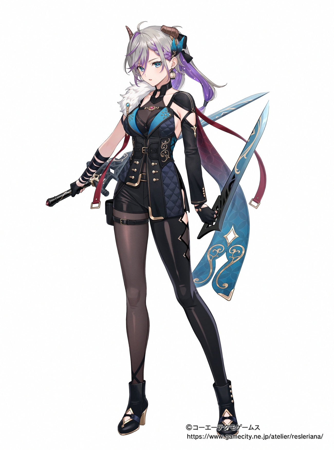 tokki, valeria (atelier), atelier (series), atelier resleriana, commentary request, highres, official art, 1girl, ahoge, asymmetrical bangs, asymmetrical clothes, asymmetrical pantyhose, bandaged arm, bandages, belt, black gloves, black shorts, blue eyes, braid, braided bangs, breasts, broken horn, cleavage, copyright notice, dual wielding, earrings, full body, gloves, grey hair, high heels, holding, holding sword, holding weapon, horns, jewelry, long hair, looking at viewer, multicolored hair, pantyhose, pantyhose under shorts, parted lips, partially fingerless gloves, pouch, purple hair, reverse grip, see-through cleavage, see-through clothes, short shorts, shorts, simple background, single sleeve, solo, standing, sword, thigh belt, thigh pouch, thigh strap, two-tone hair, watermark, weapon, web address, white background