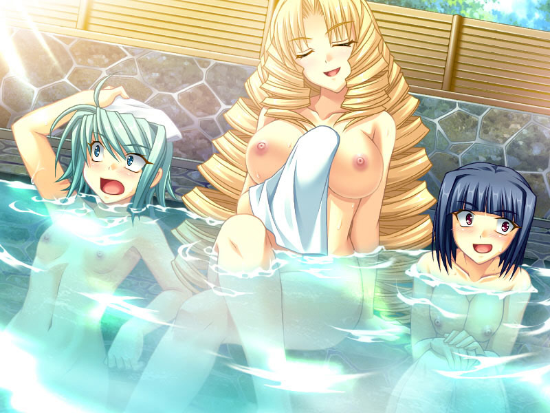 saeki hokuto, bunshuu (koihime musou), enshou (koihime musou), ganryou (koihime musou), koihime musou, game cg, 00s, 3girls, bath, bathing, blonde hair, blue eyes, blue hair, blush, breasts, closed eyes, drill hair, embarrassed, female focus, green hair, large breasts, long hair, multiple girls, nipples, onsen, open mouth, purple eyes, same-sex bathing, shared bathing, short hair, towel, water