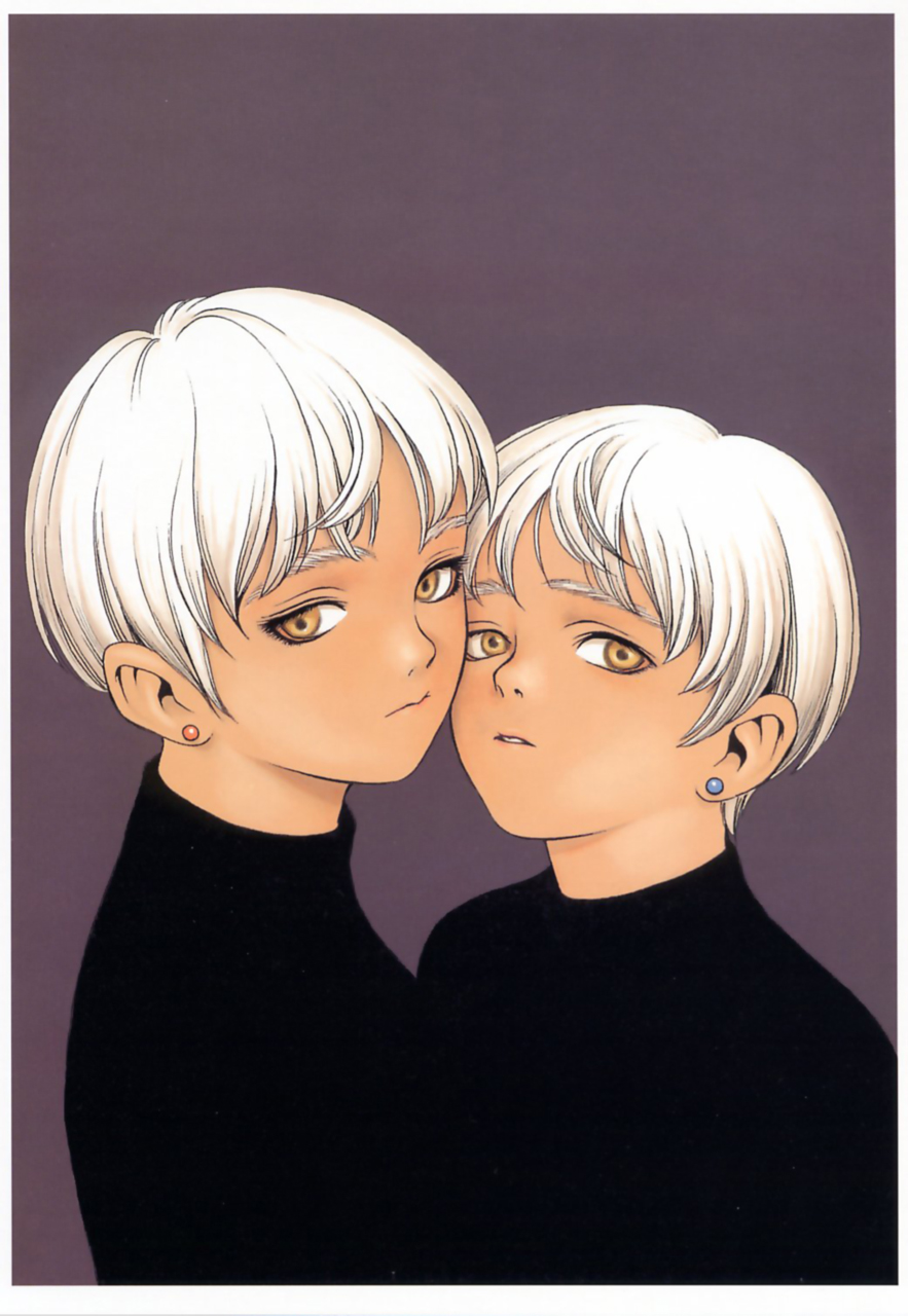 murata range, like a balance life, gender request, highres, androgynous, orange eyes, short hair, white hair