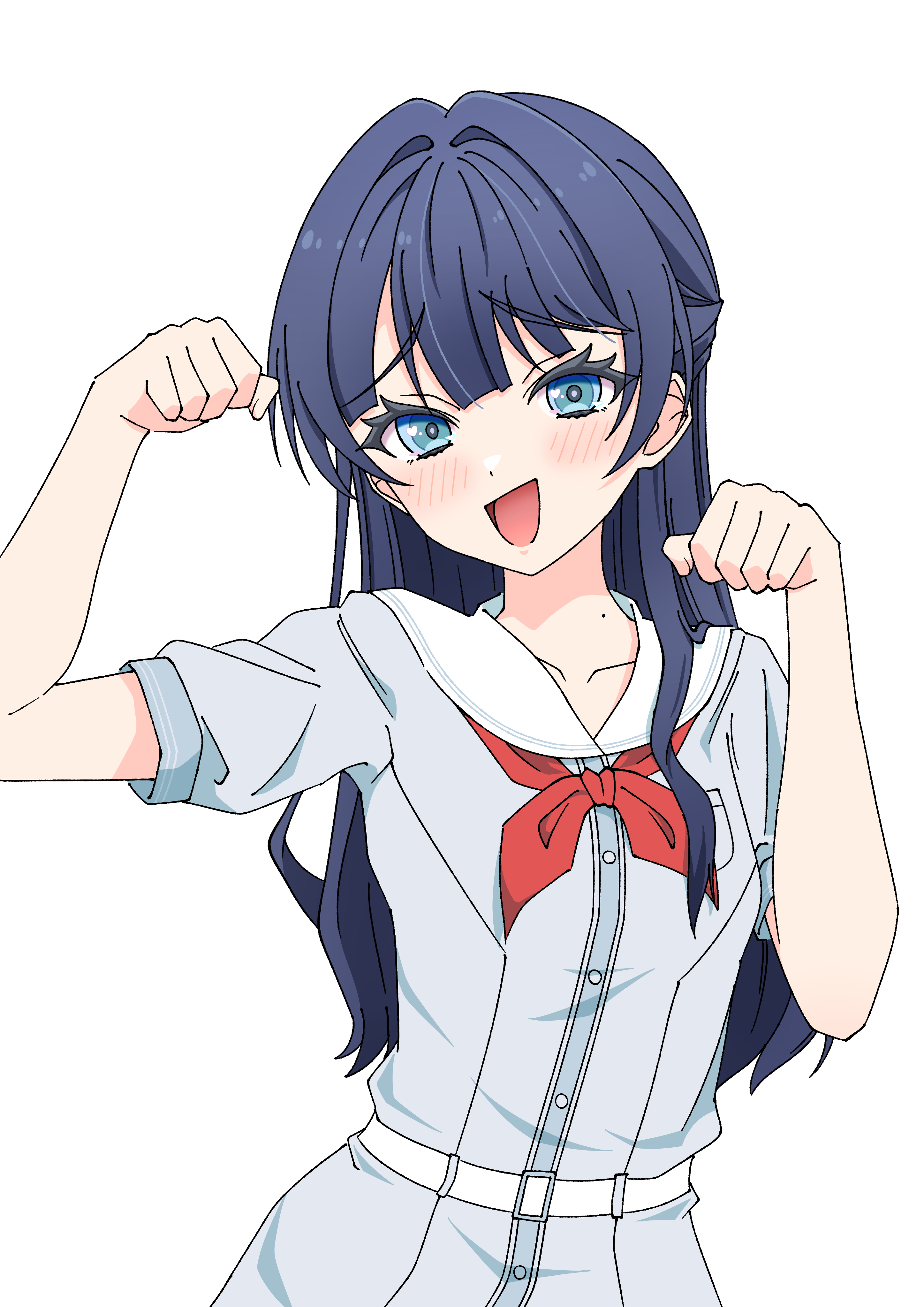 kara iroha, murano sayaka, link! like! love live!, love live!, absurdres, commentary, highres, revision, 1girl, :d, blue dress, blue hair, border, breast pocket, clenched hands, dress, hair intakes, half updo, hasu no sora school uniform, long hair, looking at viewer, mesugaki, mole, mole on neck, neckerchief, open mouth, outline, paw pose, pocket, raised inner eyebrows, red neckerchief, sailor collar, sailor dress, school uniform, simple background, smile, solo, summer uniform, upper body, virtual youtuber, white background, white sailor collar