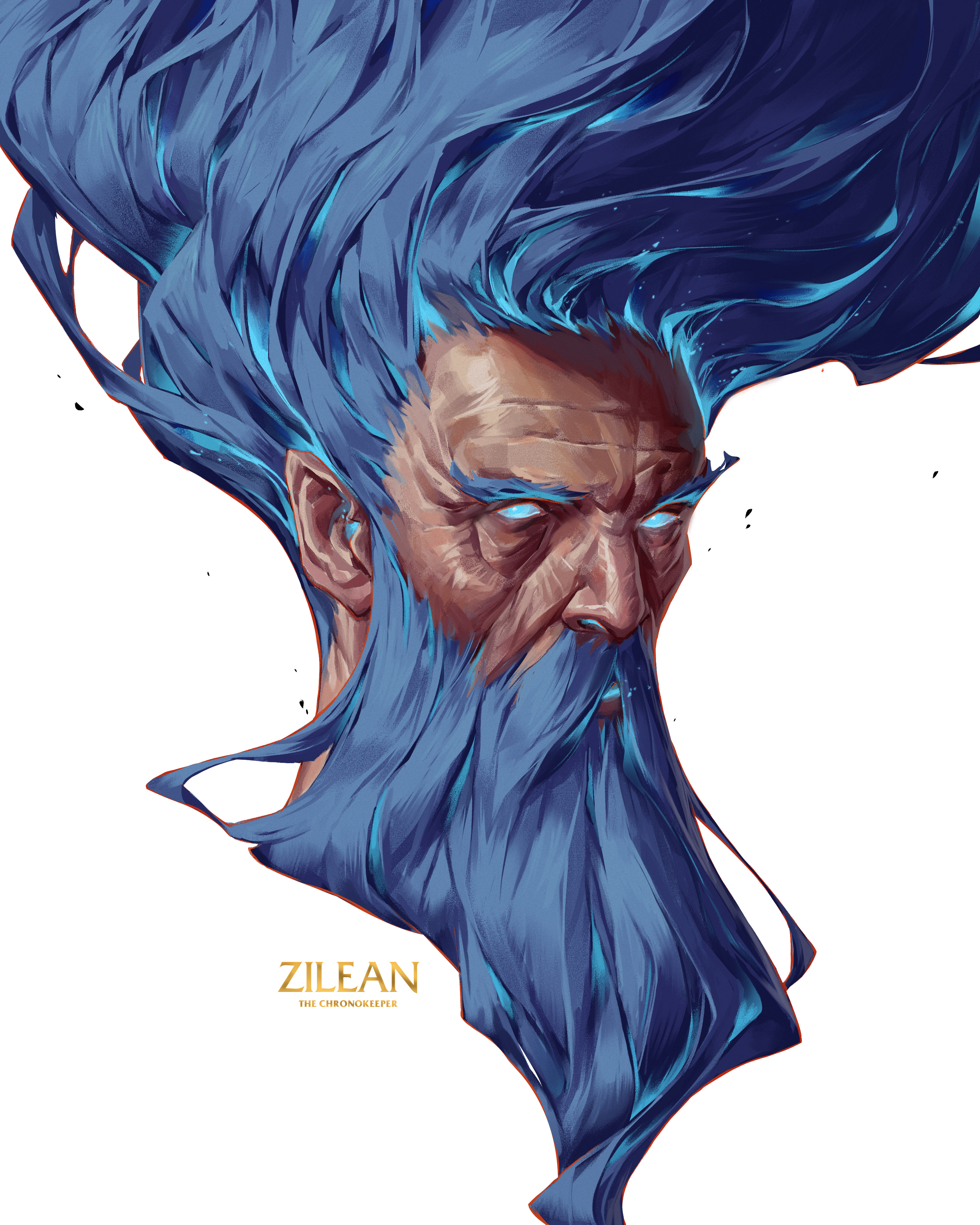 patrick ganas, original, absurdres, highres, 1boy, beard, blue eyes, blue facial hair, blue hair, character name, facial hair, floating hair, glowing, glowing eyes, long beard, long hair, male focus, old, old man, portrait, solo, white background