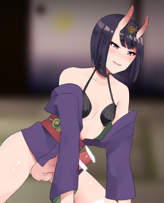 nanatsumugi, shuten douji (fate), fate/grand order, fate (series), commentary request, partial commentary, variant set, 1girl, bar censor, bare shoulders, black bra, black choker, black hair, blunt ends, blurry, blurry background, blush, bob cut, bottomless, bra, breasts, censored, choker, erection, eyeliner, fang, futanari, hair ornament, halterneck, hikimayu, horns, japanese clothes, kimono, large penis, long sleeves, looking ahead, makeup, nose blush, obi, obijime, off shoulder, oni, open clothes, open kimono, parted lips, penis, purple eyes, purple kimono, red eyeliner, red sash, sash, shiny skin, short hair, short kimono, skin-covered horns, small breasts, smile, solo, spread legs, sweatdrop, testicles, two-sided fabric, underwear