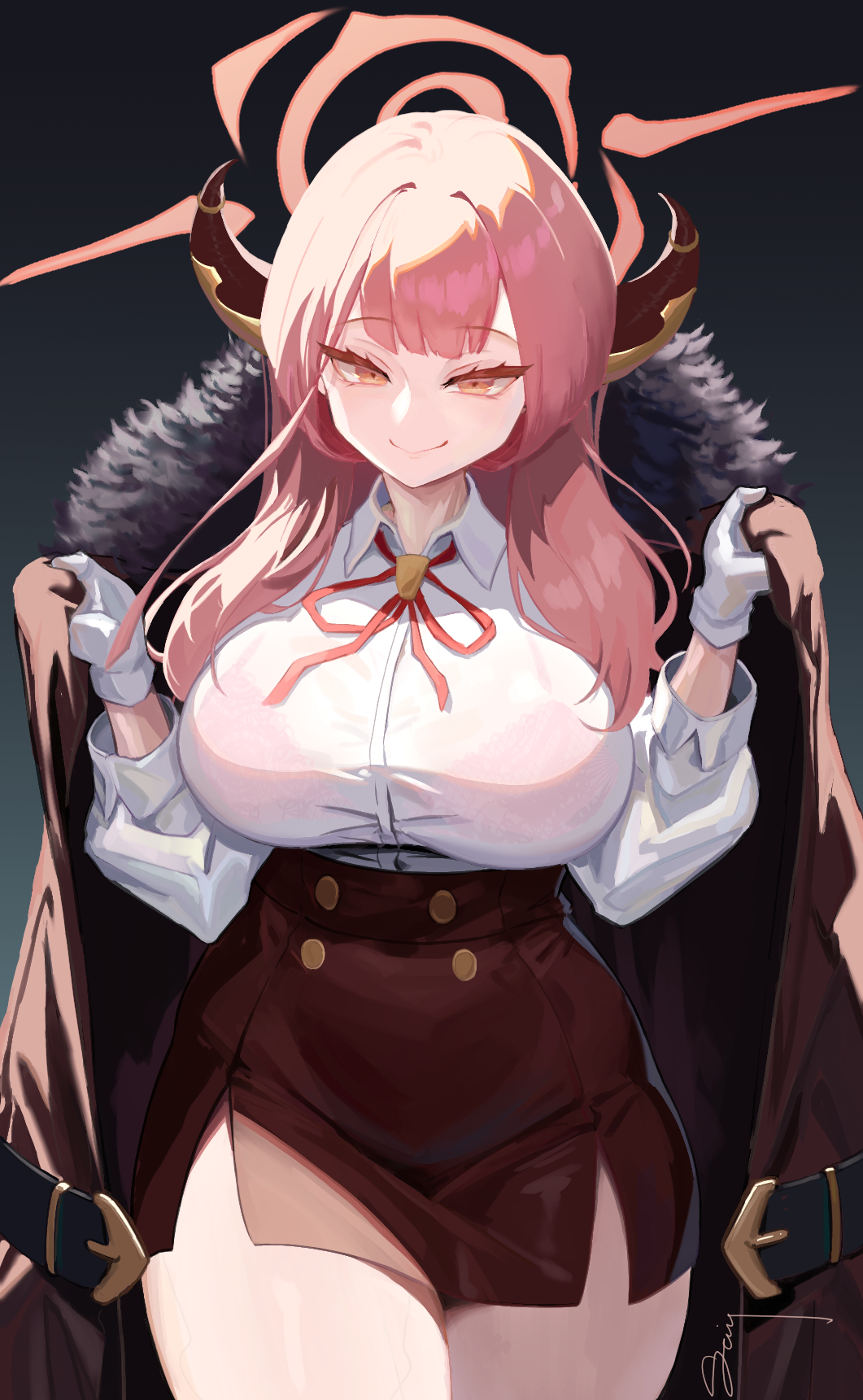sui yamami, aru (blue archive), blue archive, highres, 1girl, breasts, coat, coat on shoulders, demon girl, demon horns, halo, horns, large breasts, long hair, looking at viewer, red hair, solo, standing, thighs, underwear, yellow eyes