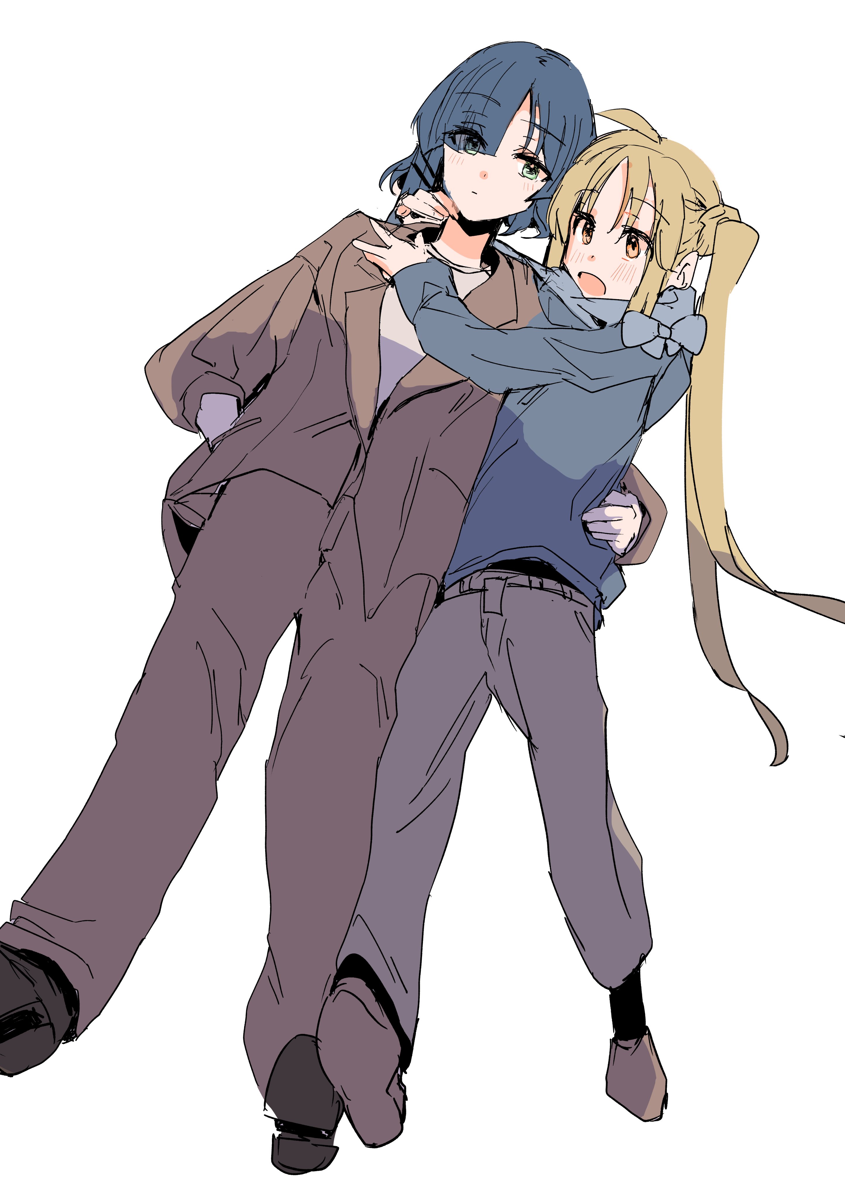 tamuhei (6nasiki), ijichi nijika, yamada ryo, bocchi the rock!, absurdres, highres, 2girls, alternate costume, blonde hair, blue bow, blue hair, blue shirt, blush, bow, brown pants, brown suit, formal clothes, hair ornament, hairclip, hand on another's waist, hands in pockets, hug from side, multiple girls, open mouth, pants, parallel hairclips, red eyes, shirt, short hair, side ponytail, simple background, suit, white background, yellow eyes, yuri