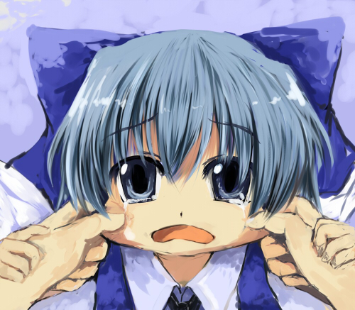 ryuushou, cirno, embodiment of scarlet devil, touhou, lowres, 1girl, blue eyes, blue hair, bow, cheek pinching, female focus, matching hair/eyes, pinching, solo, tears, upper body