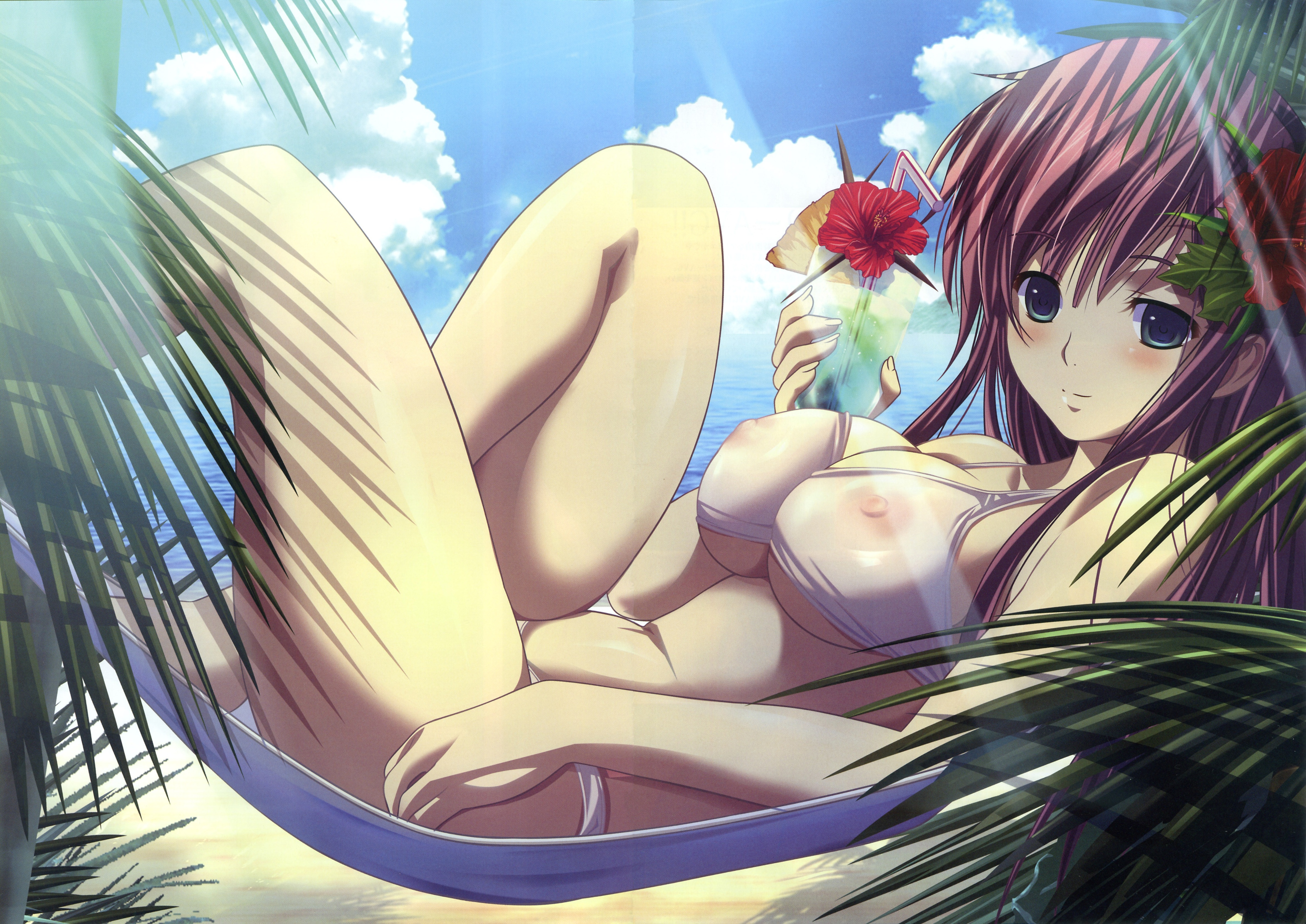 m&m, takasato nanase, natsukami, absurdres, highres, official art, scan, 1girl, beach, bikini, blush, breasts, cleavage, cloud, covered erect nipples, cup, day, drink, drinking glass, drinking straw, female focus, fingernails, flower, from side, green eyes, hair flower, hair ornament, hammock, hibiscus, holding, kneepits, knees up, large breasts, leaf, light rays, light smile, long fingernails, long hair, looking at viewer, lying, navel, nipples, ocean, on back, outdoors, pink hair, see-through clothes, sideboob, sidelocks, sky, smile, solo, sunbeam, sunlight, swimsuit, transparent, tree, underboob, very long hair, water, white bikini