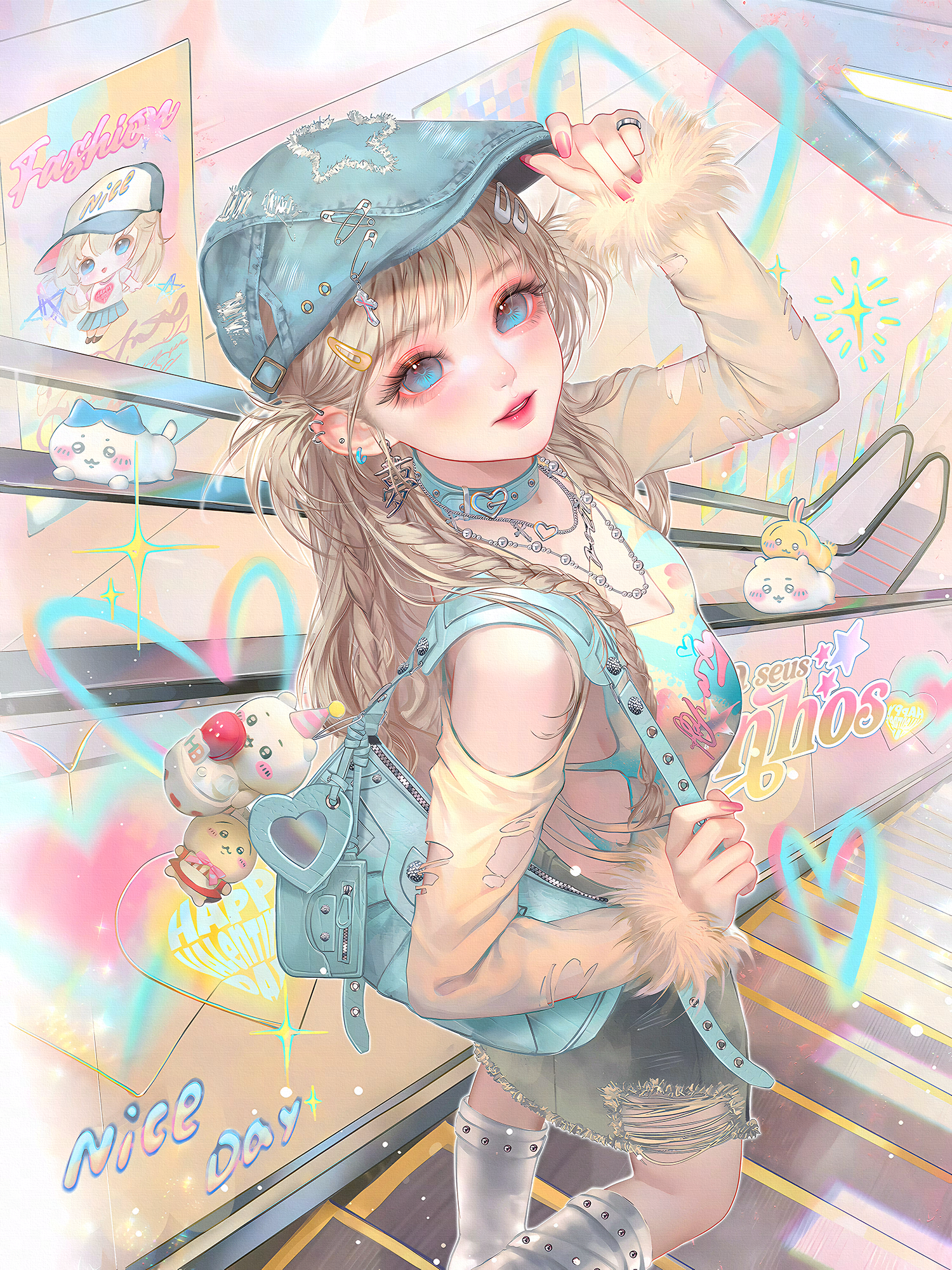 xixizi, original, highres, 1girl, backpack, bag, baseball cap, blonde hair, blue eyes, clothing cutout, collar, detached sleeves, ear piercing, earrings, from above, fur trim, hair ornament, hairclip, hat, heart, jewelry, long hair, long sleeves, looking at viewer, nail polish, necklace, parted lips, piercing, pink nails, ring, shoulder cutout, skirt, solo, standing, thighhighs, torn clothes