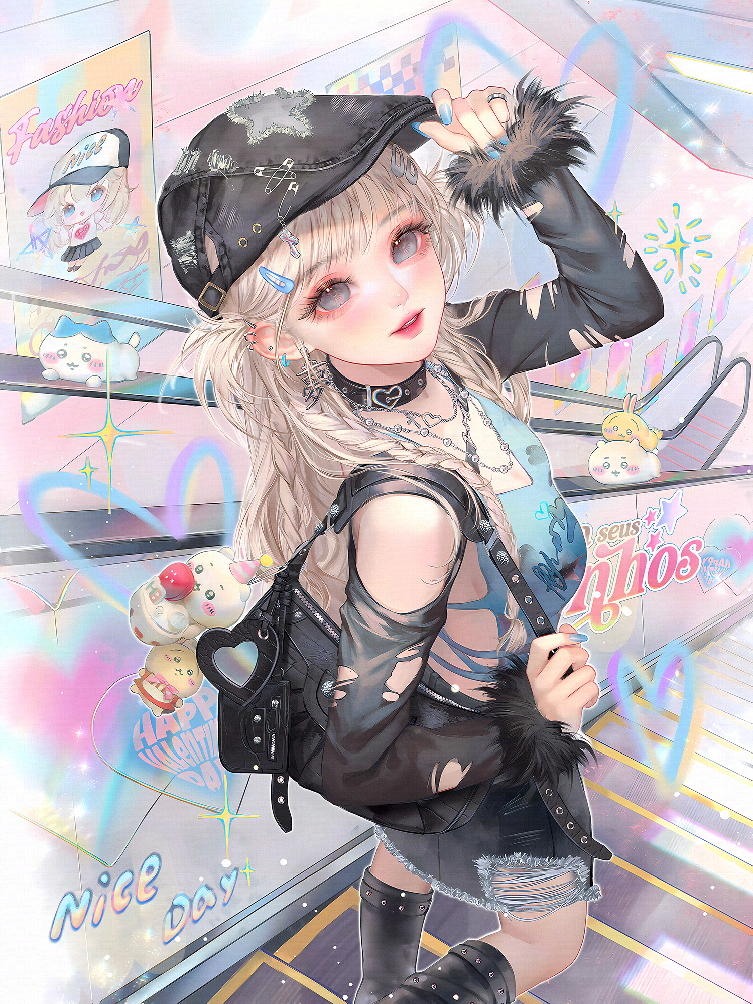 xixizi, original, highres, 1girl, backpack, bag, blonde hair, blue nails, breasts, choker, collar, cutoffs, denim, ear piercing, earrings, food, fur trim, grey eyes, hair ornament, hairclip, hat, jewelry, long hair, long sleeves, looking at viewer, nail polish, necklace, piercing, solo, thighhighs, torn clothes