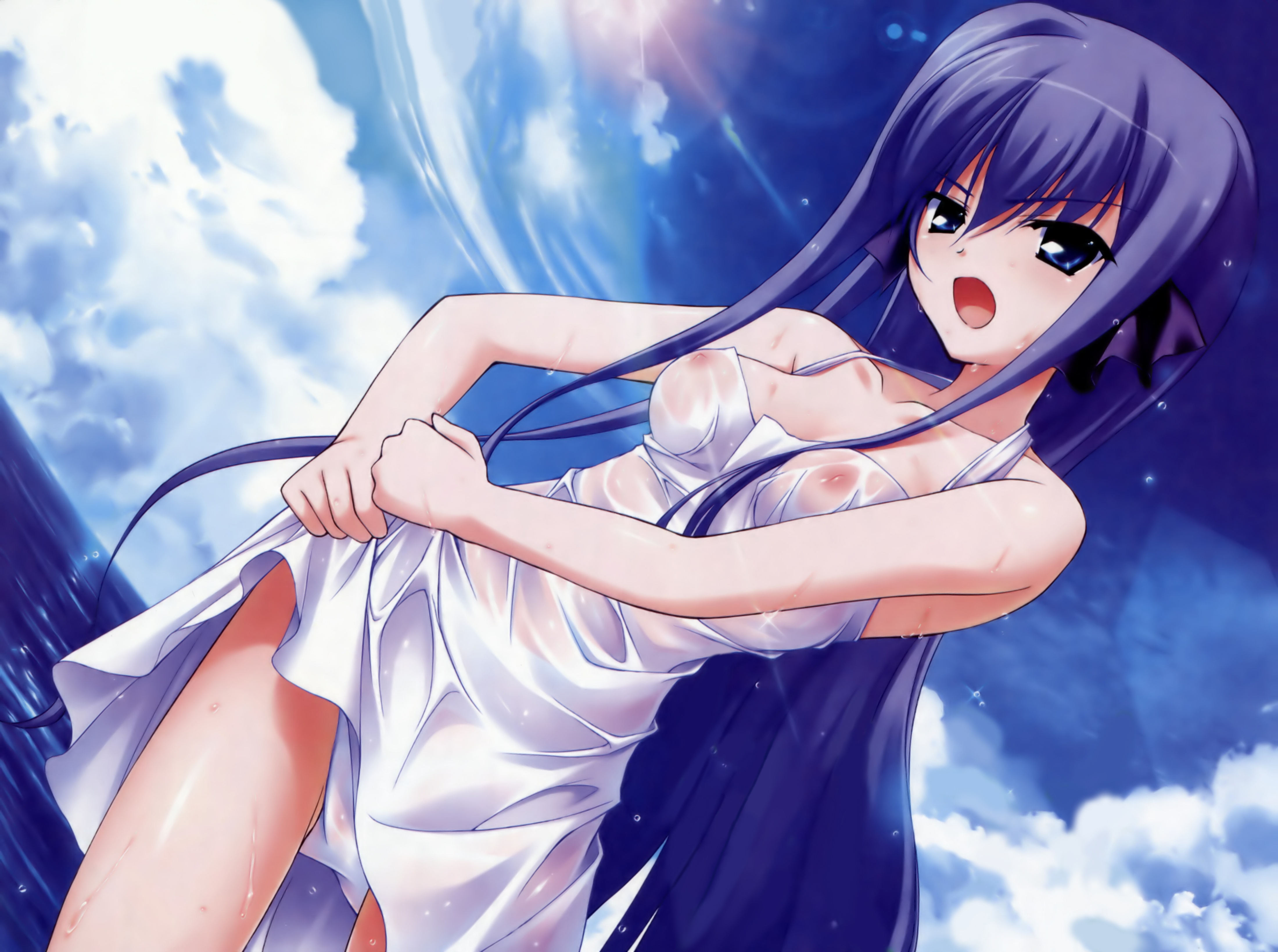 fumio (ura fmo), yamabuki renge, hoshiuta, absurdres, highres, 1girl, bare shoulders, blue eyes, breasts, clothes lift, cloud, day, female focus, long hair, medium breasts, nipples, ocean, open mouth, outdoors, purple hair, see-through clothes, skirt, skirt lift, sky, solo, thighs, water, wet, wet clothes