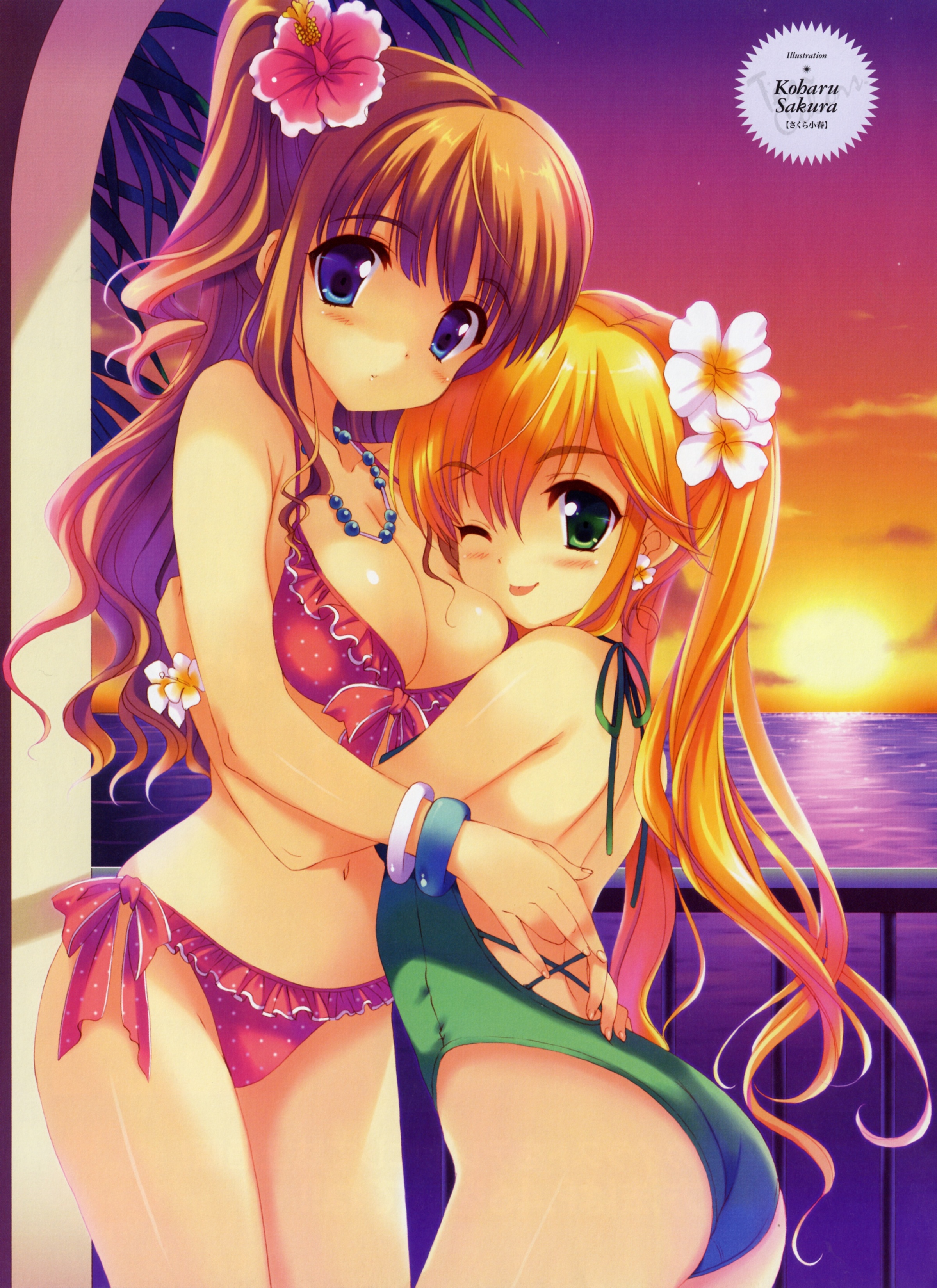sakura koharu, absurdres, highres, scan, 2girls, :p, artist name, ass, beach, bikini, blonde hair, blue eyes, blush, bracelet, breasts, cleavage, cloud, cowboy shot, earrings, fingernails, flower, flower bracelet, flower earrings, frilled bikini, frills, from side, green eyes, green one-piece swimsuit, hair flower, hair ornament, hibiscus, hug, jewelry, long fingernails, long hair, looking at viewer, medium breasts, midriff, multiple girls, navel, necklace, ocean, one-piece swimsuit, one eye closed, outdoors, polka dot, polka dot bikini, polka dot swimsuit, ponytail, red bikini, shiny skin, side-tie bikini bottom, sky, sunset, swimsuit, tongue, tongue out, water, wink
