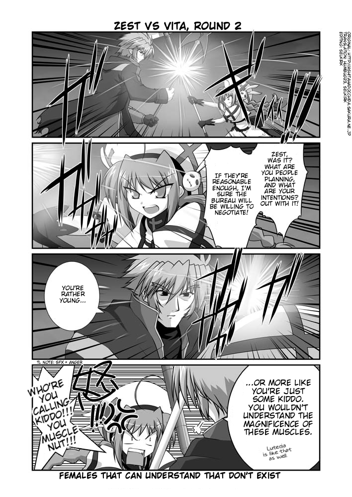 mikage takashi, graf eisen, vita (nanoha), zest grangeitz, lyrical nanoha, mahou shoujo lyrical nanoha, mahou shoujo lyrical nanoha strikers, hard-translated, third-party edit, translated, 00s, 1boy, 1girl, ahoge, braid, comic, english text, gloves, greyscale, hammer, hat, jacket, magical girl, monochrome, open clothes, open jacket, twin braids, unison (nanoha)