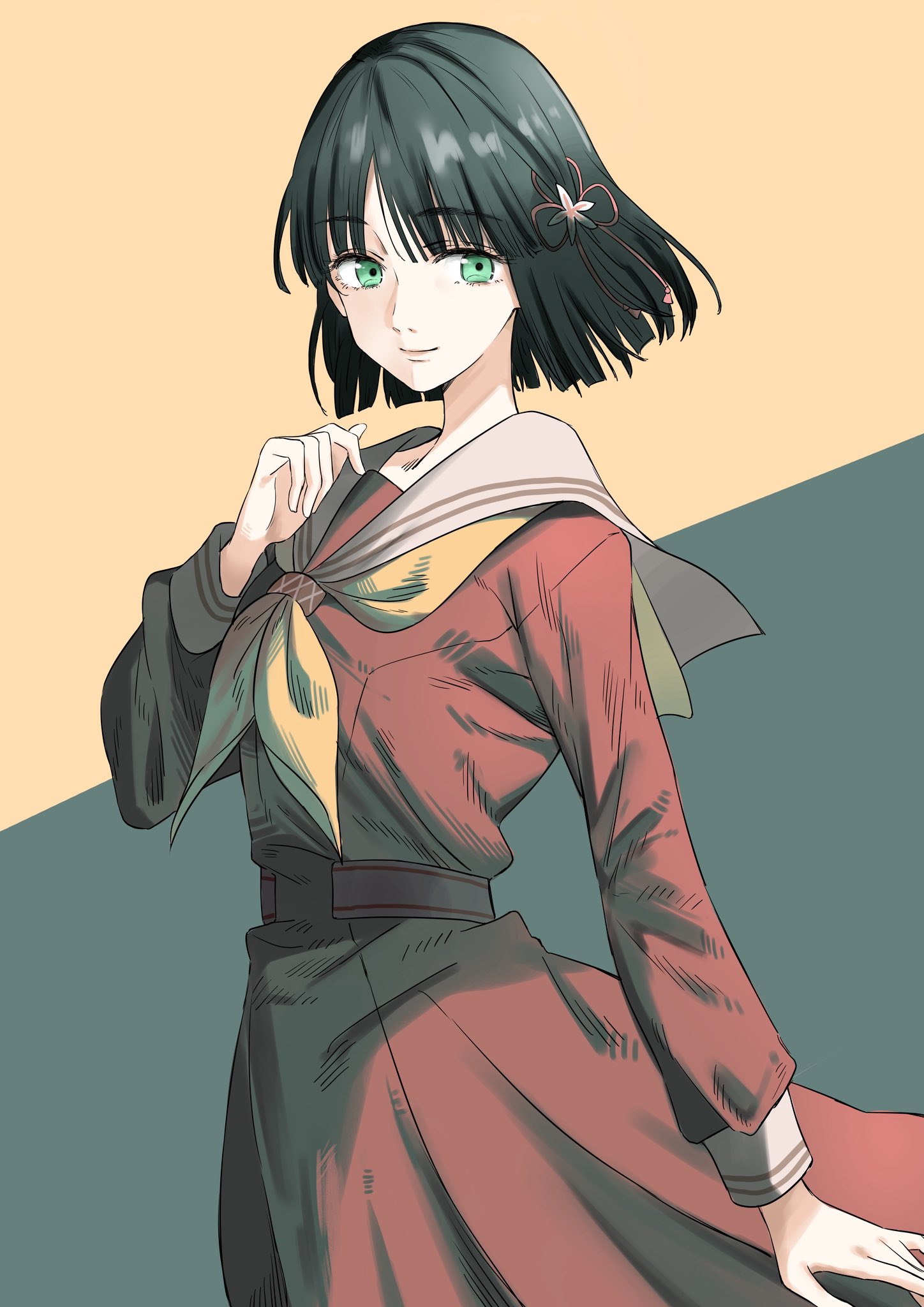 bien (djpwjd1), momose ginko, link! like! love live!, love live!, commentary request, highres, 1girl, blunt bangs, blunt ends, bob cut, brown dress, cowboy shot, dress, flower, flower knot, green background, green hair, hair flower, hair ornament, hasu no sora school uniform, long sleeves, looking at viewer, neckerchief, pleated dress, sailor collar, sailor dress, school uniform, short hair, solo, two-tone background, virtual youtuber, white flower, white sailor collar, winter uniform, yellow background, yellow neckerchief