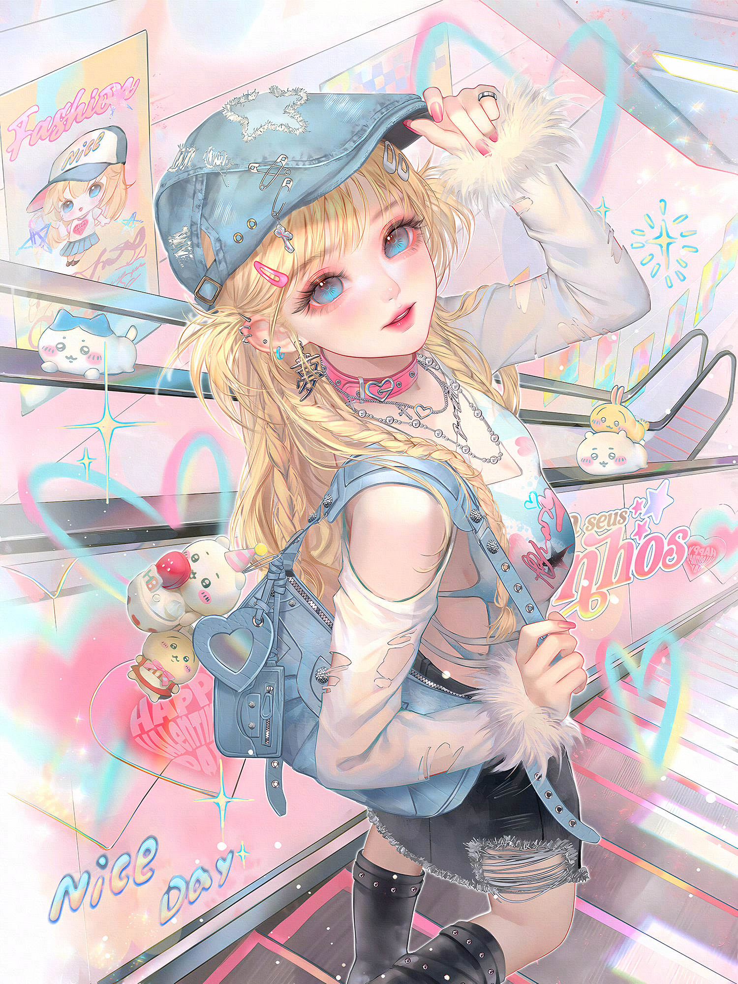 xixizi, original, highres, 1girl, backpack, bag, baseball cap, blonde hair, blue eyes, breasts, clothing cutout, collar, denim, ear piercing, earrings, fur trim, hair ornament, hairclip, hat, heart, jewelry, long hair, long sleeves, looking at viewer, makeup, nail polish, necklace, piercing, pink nails, ring, shoulder cutout, skirt, solo, thighhighs, torn clothes