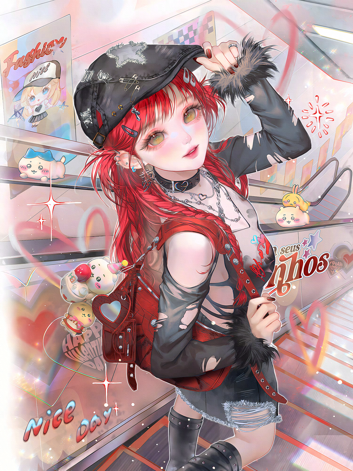 xixizi, original, highres, 1girl, arm up, backpack, bag, black nails, black thighhighs, breasts, choker, clothing cutout, collar, cutoffs, denim, ear piercing, earrings, food, fur trim, hair ornament, hairclip, hand on headwear, hat, heart, jewelry, long hair, long sleeves, looking at viewer, makeup, nail art, nail polish, necklace, open mouth, parted lips, piercing, red hair, red nails, ring, shirt, shorts, smile, solo, standing, thighhighs, torn clothes, torn thighhighs, yellow eyes