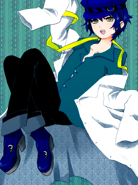 mot, shadow (persona), shirogane naoto, atlus, persona, persona 4, bad id, bad pixiv id, 1girl, androgynous, blue hair, female focus, hat, lab coat, long sleeves, newsboy cap, reverse trap, short hair, sleeves past wrists, solo, yellow eyes