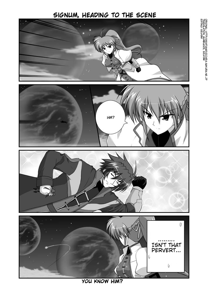 mikage takashi, agito, agito (nanoha), signum, zest grangeitz, lyrical nanoha, mahou shoujo lyrical nanoha, mahou shoujo lyrical nanoha strikers, hard-translated, third-party edit, translated, 00s, 1boy, 2girls, closed eyes, comic, english text, gloves, greyscale, jacket, magical girl, mini person, minigirl, monochrome, multiple girls, open clothes, open jacket, planet, ponytail, single glove, waist cape
