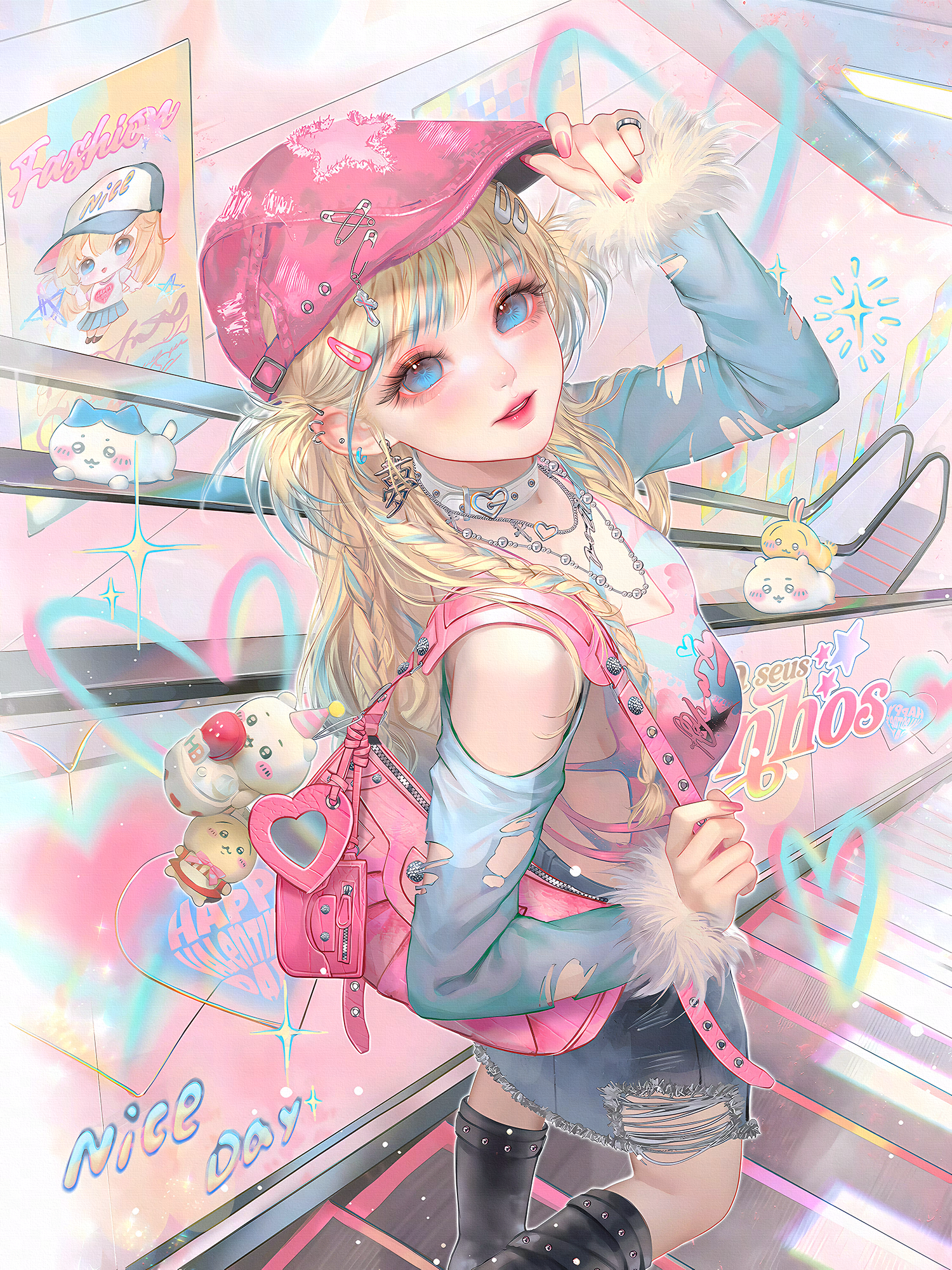 xixizi, original, highres, 1girl, adjusting clothes, backpack, bag, baseball cap, black thighhighs, blonde hair, blue eyes, blue hair, clothing cutout, denim, ear piercing, earrings, fur trim, hair ornament, hairclip, hat, heart, jewelry, long hair, long sleeves, looking at viewer, makeup, multicolored hair, nail polish, necklace, piercing, pink nails, ring, solo, thighhighs, torn clothes