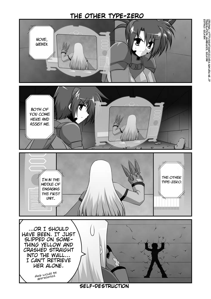 mikage takashi, cinque (nanoha), nove (nanoha), numbers (nanoha), wendi (nanoha), lyrical nanoha, mahou shoujo lyrical nanoha, mahou shoujo lyrical nanoha strikers, hard-translated, third-party edit, translated, 00s, 3girls, bodysuit, coat, comic, english text, facial mark, gloves, greyscale, knife, monochrome, multiple girls