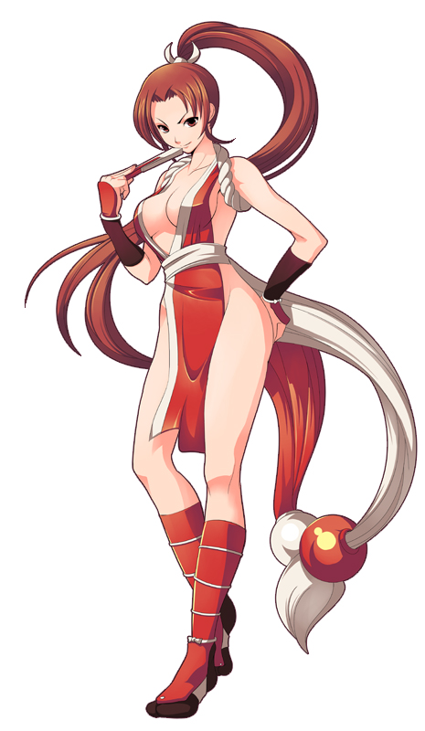 koflif, shiranui mai, fatal fury, snk, the king of fighters, bad id, bad pixiv id, 1girl, breasts, brown eyes, brown hair, female focus, long hair, pelvic curtain, ponytail, revealing clothes, sideboob, solo, toes