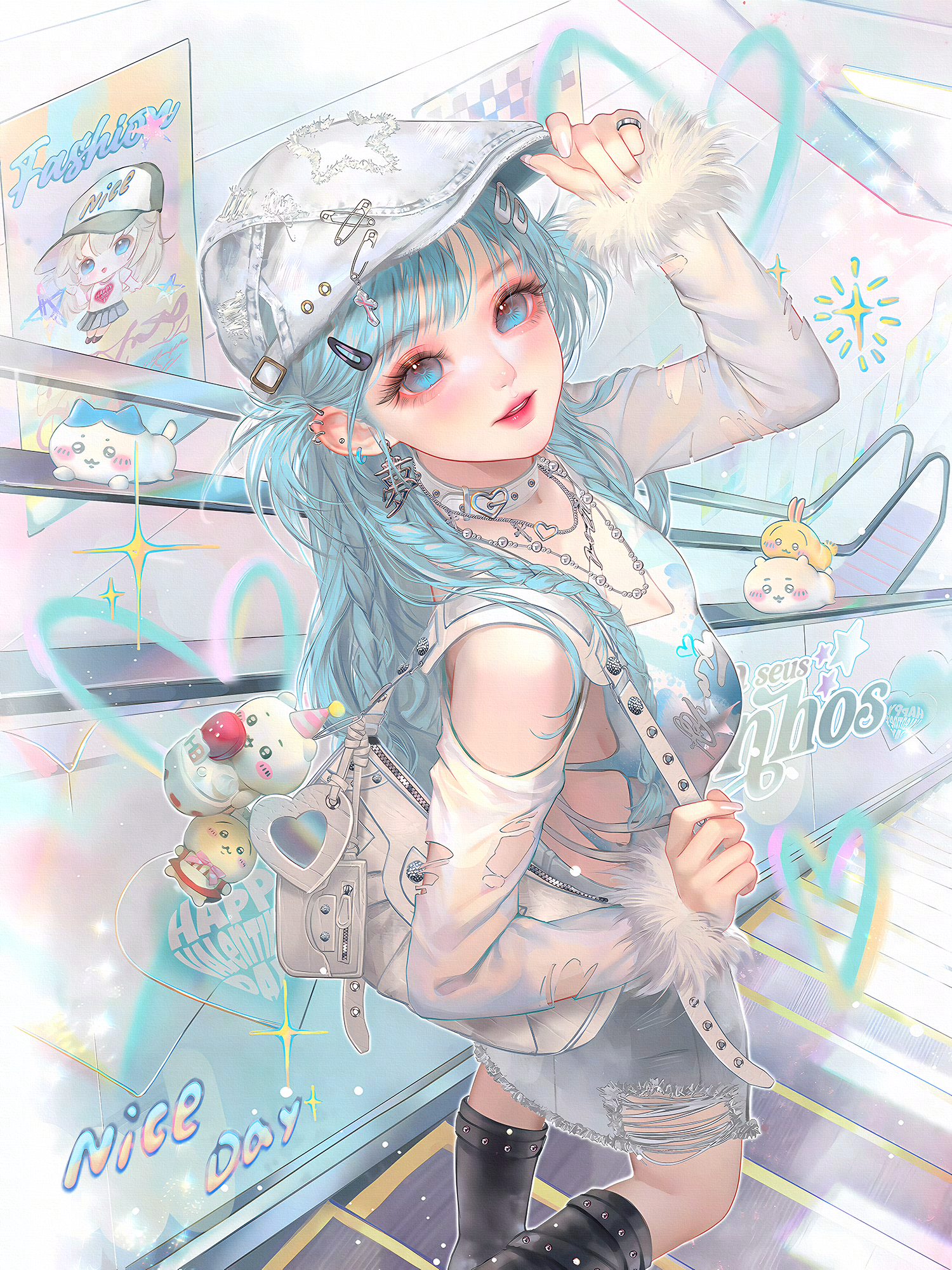 xixizi, original, highres, 1girl, backpack, bag, blue eyes, blue hair, breasts, choker, clothing cutout, denim, ear piercing, earrings, fur trim, hair ornament, hairclip, hat, jewelry, long hair, long sleeves, looking at viewer, necklace, piercing, ring, shoulder cutout, skirt, socks, solo, thighhighs, torn clothes
