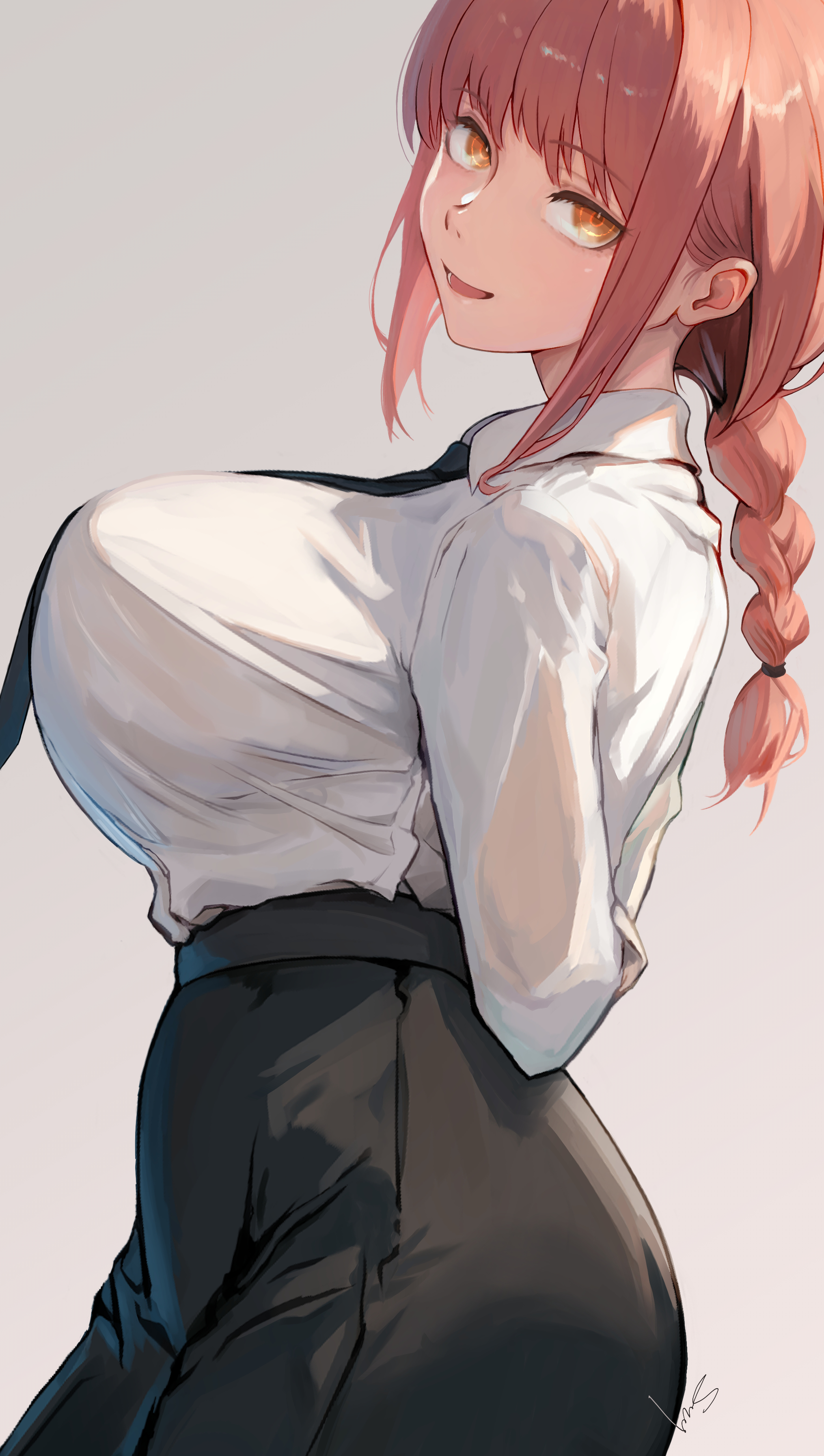 sui yamami, makima (chainsaw man), chainsaw man, absurdres, highres, 1girl, black skirt, breasts, large breasts, long hair, looking at viewer, open mouth, ponytail, red hair, simple background, skirt, solo, standing, white background, yellow eyes