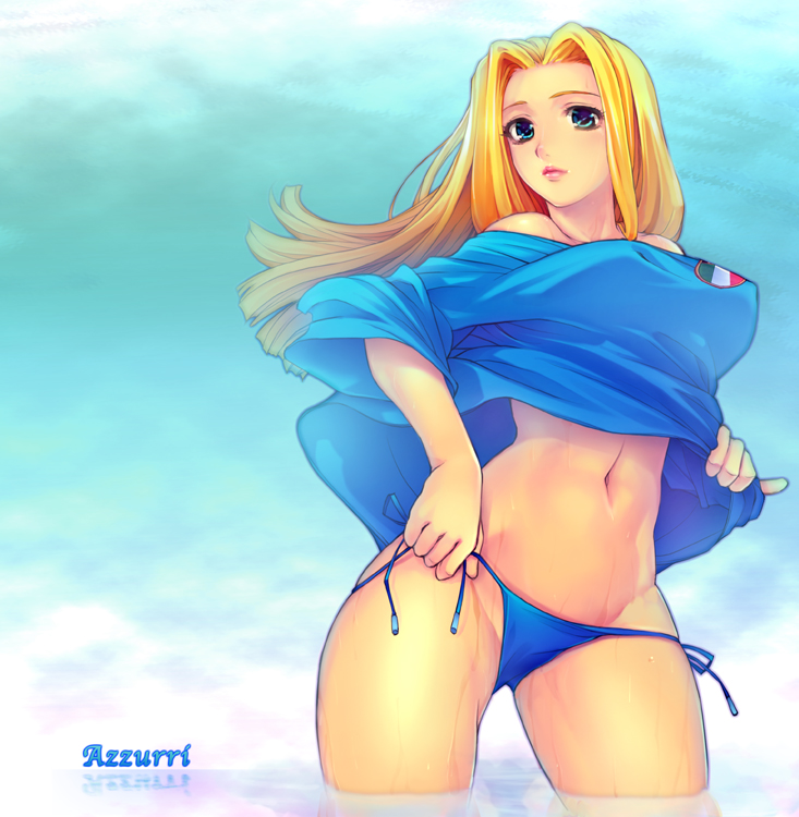 yoko juusuke, 2006 fifa world cup, original, world cup, bad id, bad pixiv id, 1girl, bikini, blonde hair, blue bikini, blue eyes, female focus, italian flag, italian text, italy, long hair, navel, side-tie bikini bottom, soccer, solo, swimsuit, wet