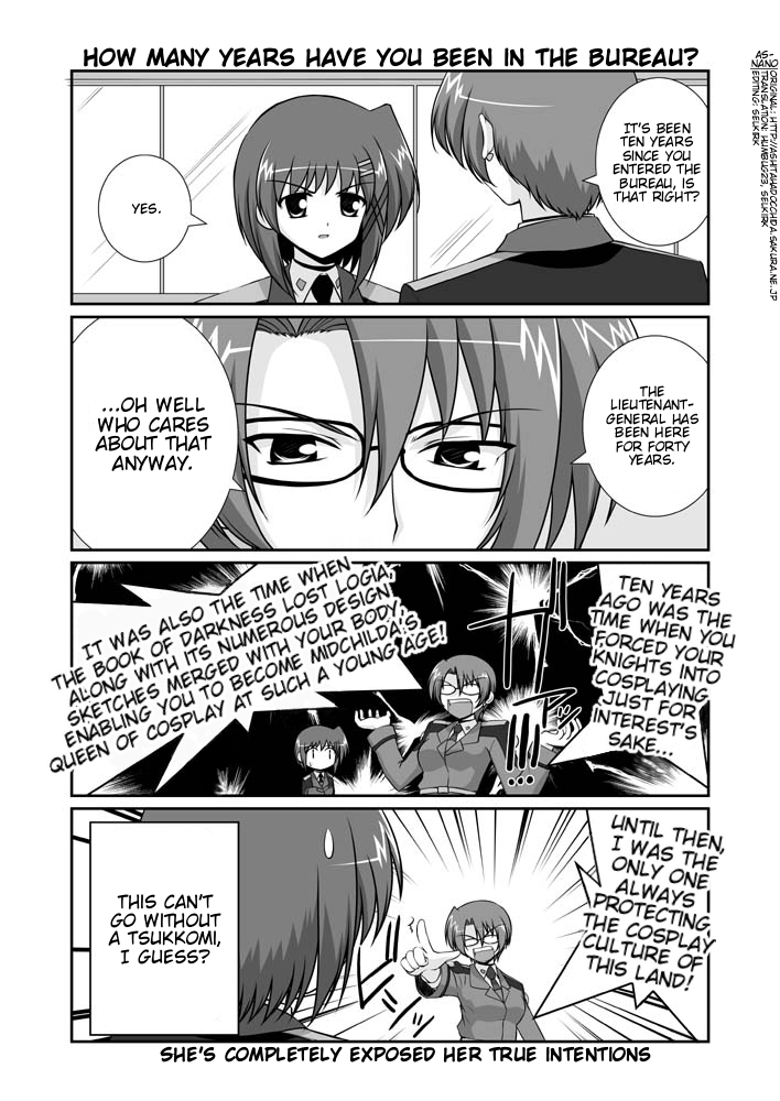 mikage takashi, auris gaiz, yagami hayate, lyrical nanoha, mahou shoujo lyrical nanoha, mahou shoujo lyrical nanoha strikers, hard-translated, third-party edit, translated, 00s, 2girls, comic, english text, glasses, greyscale, hair ornament, military, military uniform, monochrome, multiple girls, pointing, sweatdrop, x hair ornament