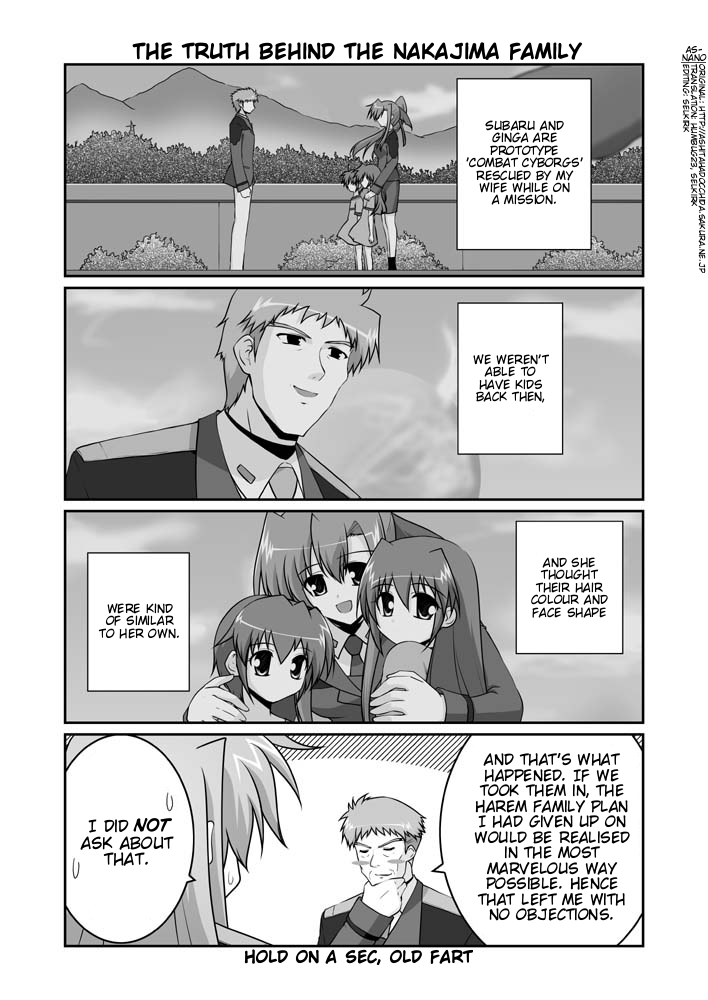 mikage takashi, genya nakajima, ginga nakajima, quint nakajima, subaru nakajima, lyrical nanoha, mahou shoujo lyrical nanoha, mahou shoujo lyrical nanoha strikers, hard-translated, third-party edit, translated, 00s, 1boy, 3girls, blush stickers, closed eyes, comic, english text, father and daughter, greyscale, hand on own chin, military, military uniform, monochrome, multiple girls, planet, ponytail, siblings, sisters
