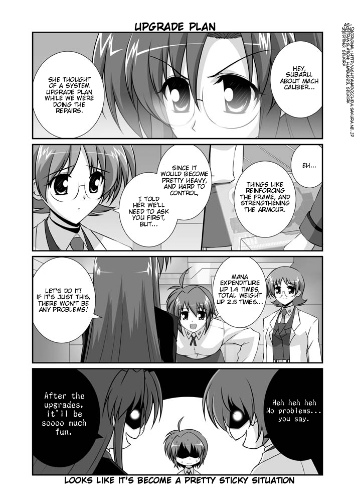 mikage takashi, mariel atenza, shario finieno, subaru nakajima, lyrical nanoha, mahou shoujo lyrical nanoha, mahou shoujo lyrical nanoha strikers, hard-translated, third-party edit, translated, 00s, 3girls, comic, english text, evil smile, glasses, glowing, glowing eyes, greyscale, lab coat, military, military uniform, monochrome, multiple girls, shaded face, smile