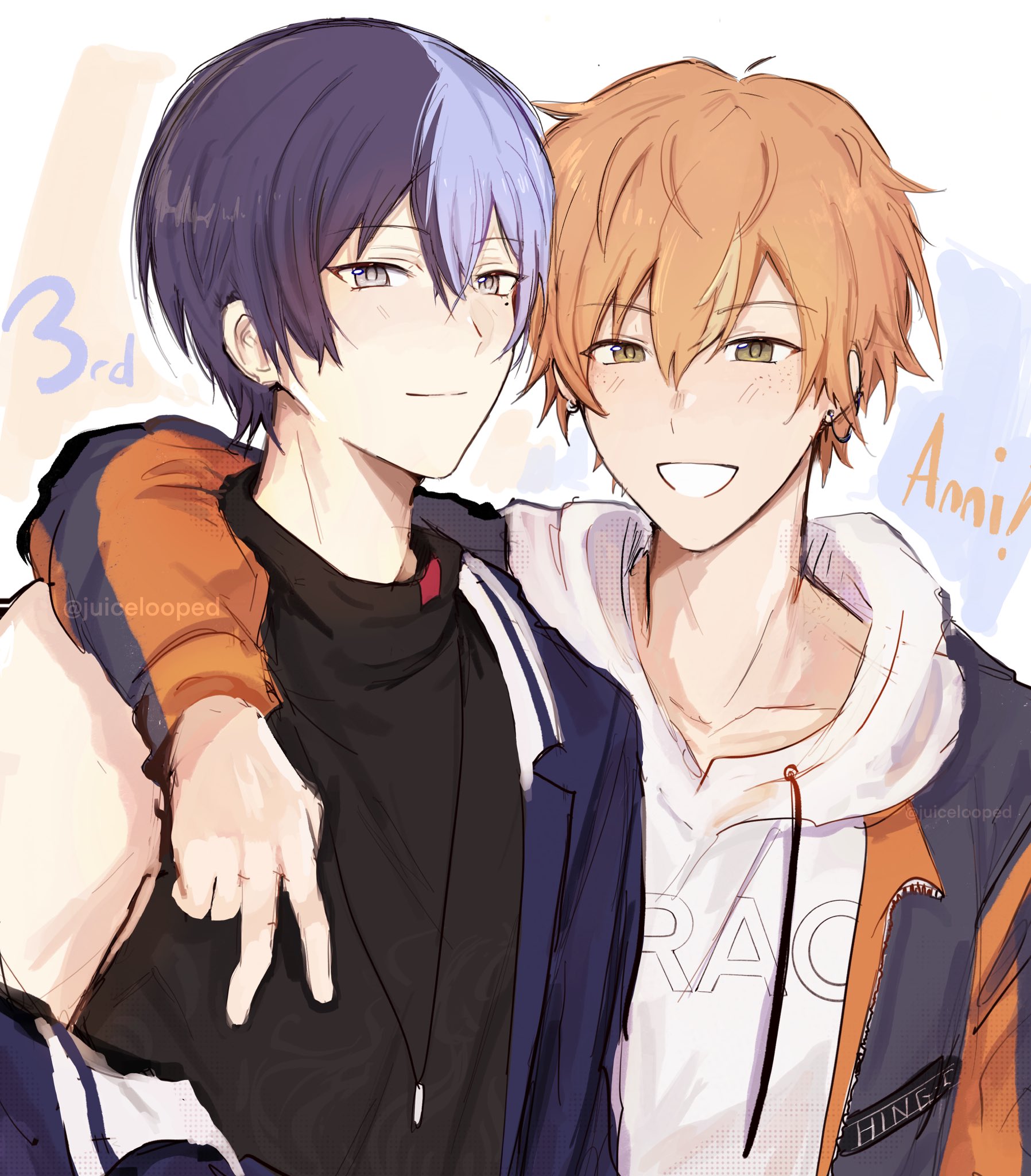 adair (juicelooped), aoyagi touya, shinonome akito, blue archive, project sekai, bad id, bad twitter id, highres, 2boys, arm around shoulder, black shirt, blonde hair, closed mouth, drawstring, hair between eyes, hood, hood down, hoodie, jacket, jacket over hoodie, jewelry, lapels, looking at viewer, male focus, mole, mole under eye, multicolored hair, multiple boys, necklace, notched lapels, open clothes, open jacket, orange hair, shirt, short hair, sleeveless, sleeveless turtleneck, smile, split-color hair, streaked hair, turtleneck, two-tone hair, upper body, v, white hoodie
