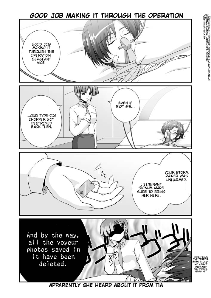mikage takashi, alto krauetta, schach nouera, vice granscenic, lyrical nanoha, mahou shoujo lyrical nanoha, mahou shoujo lyrical nanoha strikers, hard-translated, third-party edit, translated, 00s, 1boy, 1girl, aura, bandages, clenched hand, closed eyes, comic, english text, greyscale, military, military uniform, monochrome, shaded face