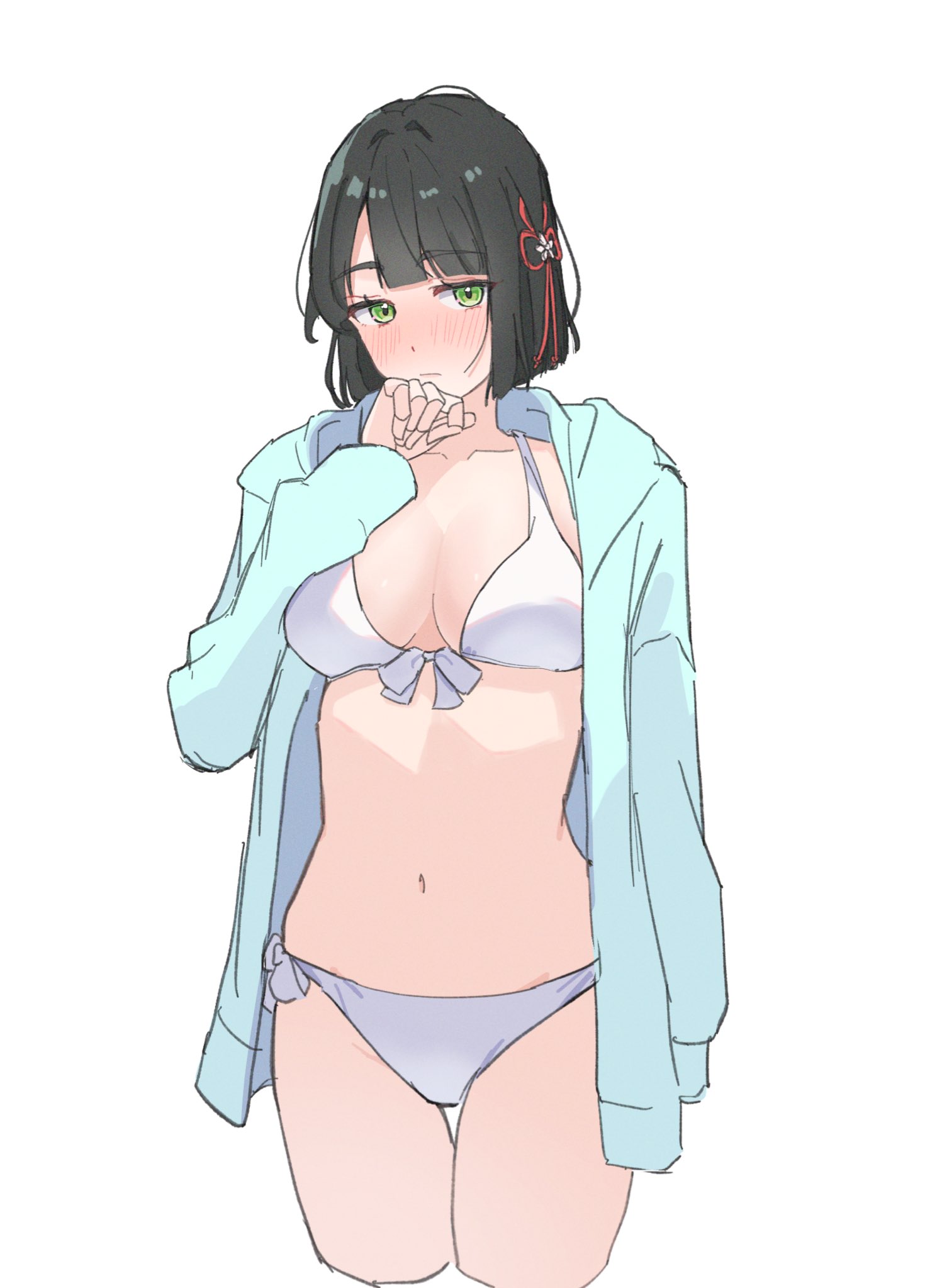 potu sabu, ceras yanagida lilienfeld, ceras yanagida lilienfeld (swimsuit), momose ginko, link! like! love live!, love live!, highres, 1girl, bikini, black hair, blunt bangs, blunt ends, blush, bob cut, breasts, ceras yanagida lilienfeld (cosplay), cleavage, closed mouth, cosplay, cowboy shot, cropped legs, flower, flower knot, front-tie bikini top, front-tie top, green eyes, hair flower, hair ornament, hood, hooded jacket, jacket, large breasts, light frown, long sleeves, looking at viewer, nose blush, open clothes, open jacket, short hair, side-tie bikini bottom, solo, swimsuit, virtual youtuber, white bikini, white flower