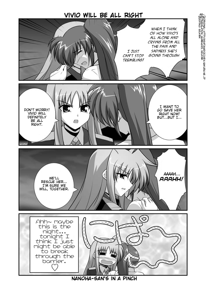 mikage takashi, fate testarossa, takamachi nanoha, lyrical nanoha, mahou shoujo lyrical nanoha, mahou shoujo lyrical nanoha strikers, hard-translated, third-party edit, translated, 00s, 2girls, = =, arrow (symbol), closed eyes, comic, english text, greyscale, heart, military, military uniform, monochrome, multiple girls, side ponytail